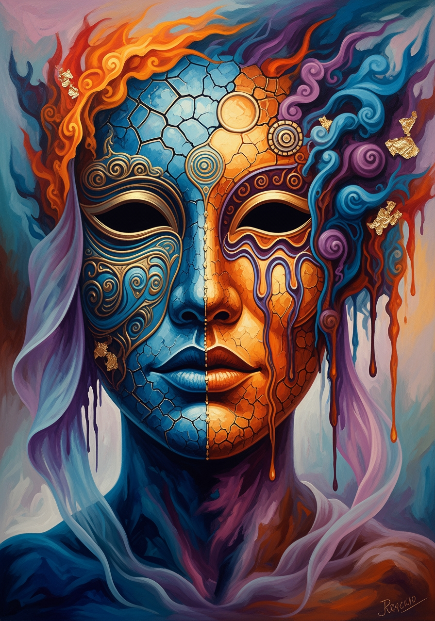 AI Design for create a new artwork similar that is based on the concept of 'mask'' , painterly, surreal, abstract colourful poetic artwork. dont copy reference image only follow textures