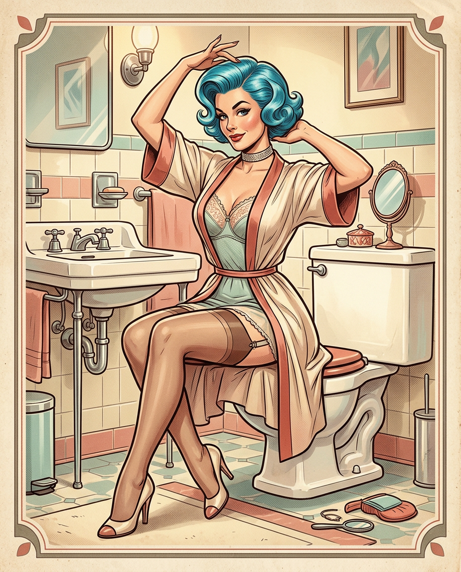 AI Design for Create a highly polished, professional mid-century vintage pin-up illustration featuring Ms. Gagglebert, a glamorous fictional woman with distinctive vivid blue hair and a mischievous, theatrical personality.
CHARACTER DESIGN
Adult fictional female character, elegant and confident
Distinctive sculpted blue hairstyle inspired by classic mid-century glamour
Expressive eyes, arched brows, playful knowing expression
Refined vintage facial features and carefully rendered likeness
Elegant choker necklace
Classic stockings and stylish retro heels
Tasteful, fully covered vintage lingerie-inspired outfit beneath a glamorous robe, with no exposed intimate areas
Strong hourglass-inspired costume silhouette without anatomical exaggeration
Personality should feel cheeky, theatrical, eccentric, and humorous rather than sexual
POSE & COMPOSITION
Seated elegantly on a vintage bathroom stool beside a classic porcelain toilet
Body turned approximately three-quarters toward the viewer
One knee angled slightly outward while maintaining a fully covered pose
Arms raised gracefully around the head, creating an elegant graphic silhouette
Hands positioned near the hairstyle as though adjusting or presenting the elaborate blue hair
Head tilted slightly toward the viewer
Confident, playful facial expression
Strong readable silhouette suitable for a professional pin-up poster
Camera positioned slightly below eye level for a classic illustrated-poster perspective
Full-body composition with enough surrounding environment to establish the bathroom
SETTING
A beautifully designed 1950s–1960s retro bathroom, featuring:
Cream and pastel ceramic tiles
Chrome fixtures
Vintage porcelain sink and toilet
Small decorative mirror
Period-appropriate bathroom accessories
Checkerboard or geometric floor pattern
Softly stylized reflections on chrome
A few deliberately placed personal accessories on the floor
Carefully composed environment that supports the character without overpowering her
ILLUSTRATION STYLE
Premium professional commercial pin-up artwork
Hand-painted appearance combined with exceptionally controlled ink linework
Classic American mid-century advertising illustration influence
Elegant contour lines
Subtle painterly brushwork
Smooth tonal transitions
Carefully controlled highlights and shadows
Slightly exaggerated but believable facial expression
Sophisticated vintage print texture
Clean, intentional shapes
Highly refined anatomy and hands
No photographic realism
No 3D-rendered appearance
No anime aesthetic
No crude or cartoonish proportions
LIGHTING
Warm theatrical bathroom lighting with a soft key light illuminating the character's face and hair. Subtle reflected light from the surrounding cream tiles and chrome fixtures. Gentle shadow beneath the stool and around architectural elements. Add a controlled vintage-print glow rather than modern cinematic lighting.
COLOUR PALETTE
Muted mid-century palette:
vivid but carefully controlled turquoise/blue hair
warm cream
dusty pink
muted coral
pale aqua
warm chrome highlights
restrained red accents
slightly aged paper tones
The blue hair should remain the strongest visual accent.
GRAPHIC DESIGN
Compose the image like a collectible vintage pin-up poster:
strong triangular composition
elegant negative space
clear focal hierarchy
character immediately readable at thumbnail size
decorative retro framing elements
subtle halftone texture
slightly imperfect offset-print character
aged paper grain
restrained poster typography area left intentionally blank
no contemporary objects or visual elements
QUALITY
Extremely detailed professional illustration, polished commercial artwork, sophisticated composition, accurate perspective, convincing hands and facial anatomy, refined fabric rendering, carefully constructed bathroom architecture, controlled line weight, nuanced painterly texture, print-quality finish, high resolution, crisp edges, visually coherent lighting, premium editorial-art direction.
NEGATIVE PROMPT
nudity, exposed breasts, exposed genitals, explicit sexual activity, fetish imagery, bondage, erotic restraint, bodily fluids, voyeuristic framing, pornographic composition, explicit underwear exposure, graphic anatomy, minors, youthful appearance, photographic pornography, distorted hands, extra fingers, malformed anatomy, excessive cleavage, exaggerated breasts, plastic skin, 3D CGI, photorealism, anime, low detail, muddy colours, cluttered background, modern bathroom fixtures, text artifacts, watermark