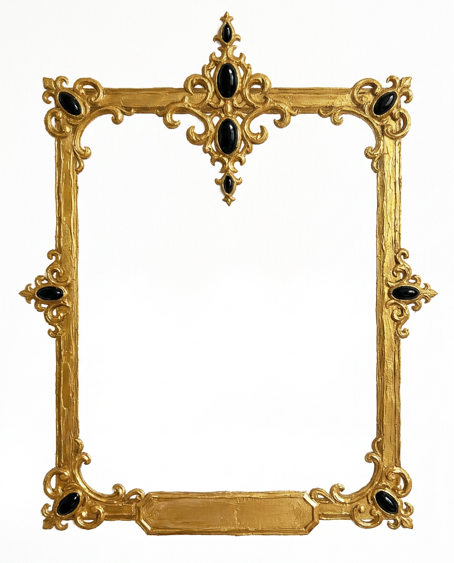 AI Design for create a minimal painterly oil paint textured frame like the one in the first image but the frame will look like the gold accents in the second image. make it unique and bold. only gold accent frame on solid white background. the design will look hand drawn and minimal, with space in the bottom for  text like in first image. the outside of the frame will be rectangle
