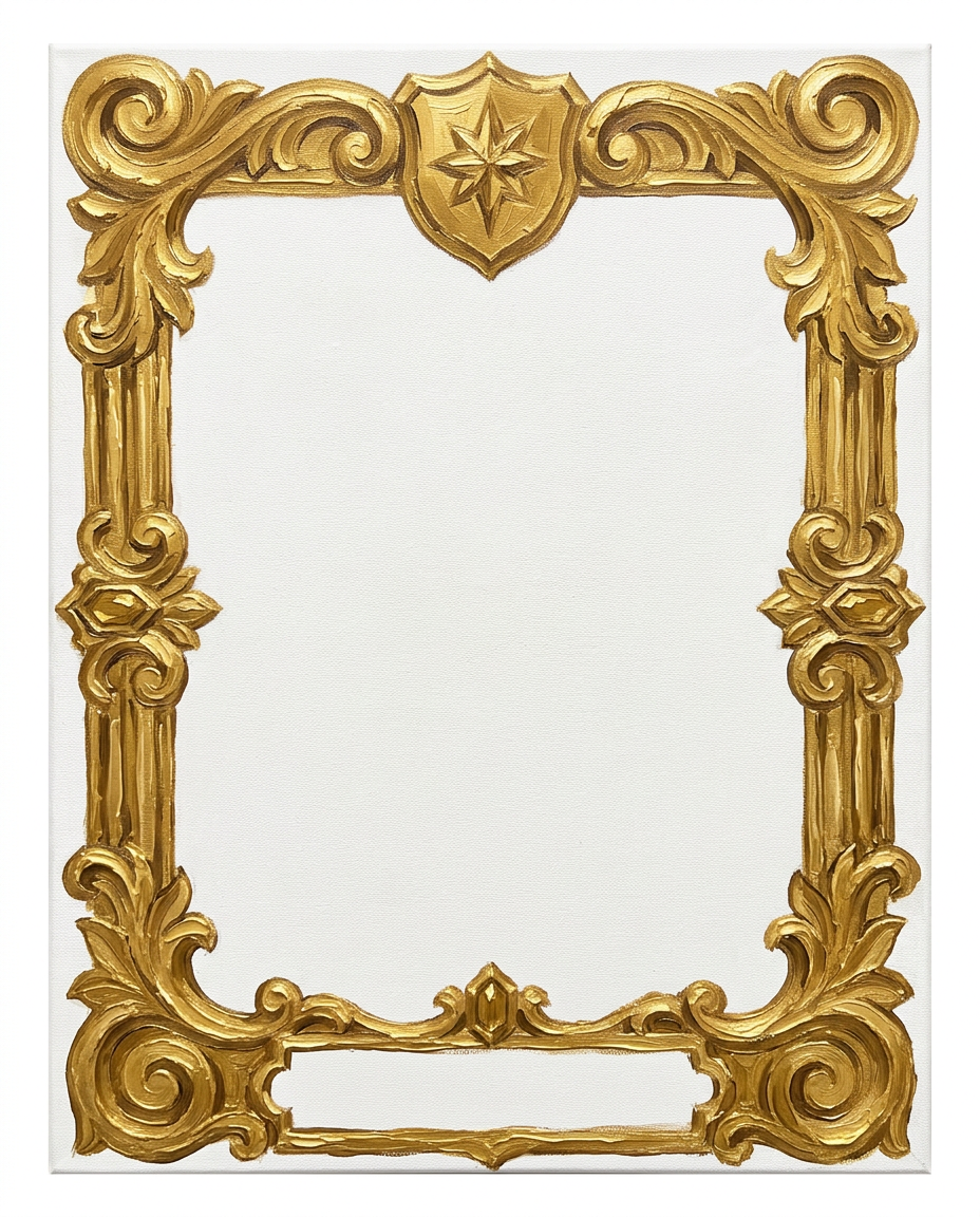 AI Design for create a minimal painterly oil paint textured frame like the one in the first image but the frame will look like the gold accents in the second image. make it unique and bold. only gold accent frame on solid white background. the design will look hand drawn and minimal, with space in the bottom for  text like in first image. the outside of the frame will be rectangle