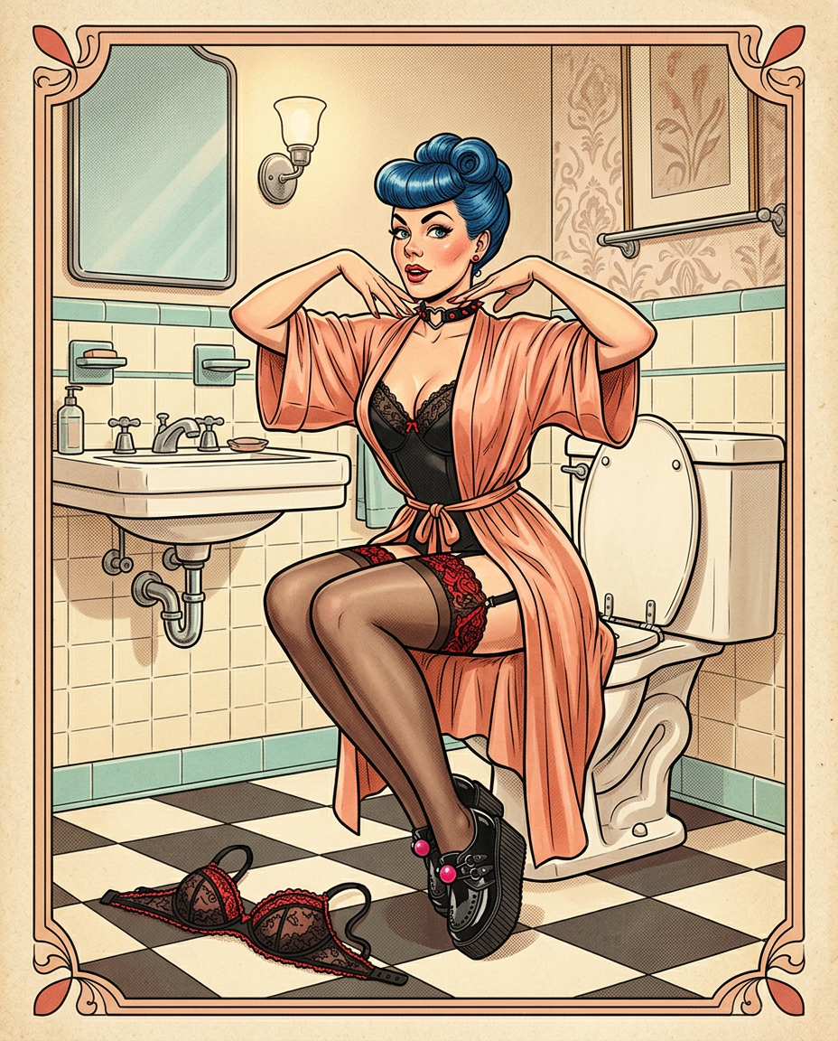 AI Design for Create a highly polished, professional mid-century vintage pin-up illustration featuring Ms. Gagglebert, a glamorous fictional woman with distinctive vivid blue hair and a mischievous, theatrical personality.
CHARACTER DESIGN
Adult fictional female character, elegant and confident
Distinctive sculpted blue hairstyle inspired by classic mid-century glamour
Expressive eyes, arched brows, playful knowing expression
Refined vintage facial features and carefully rendered likeness
Elegant choker necklace
Classic stockings and stylish retro heels
Tasteful, vintage lingerie-inspired outfit beneath a glamorous robe,
Strong hourglass-inspired costume silhouette without anatomical exaggeration
Personality should feel cheeky, theatrical, eccentric, and humorous rather than sexual
POSE & COMPOSITION follow reference image
Seated elegantly on a vintage bathroom stool beside a classic porcelain toilet
Body turned approximately three-quarters toward the viewer
One knee angled slightly outward while maintaining a fully covered pose
Arms raised gracefully on the sides of her head, creating an elegant graphic silhouette
Hands positioned near her face as though fastening something around her mouth
Head tilted slightly toward the viewer
Confident, playful facial expression
Strong readable silhouette suitable for a professional pin-up poster
Camera positioned slightly below eye level for a classic illustrated-poster perspective
Full-body composition with enough surrounding environment to establish the bathroom
SETTING
A beautifully designed 1950s–1960s retro bathroom, featuring:
Cream and pastel ceramic tiles
Chrome fixtures
Vintage porcelain sink and toilet
Small decorative mirror
Period-appropriate bathroom accessories
Checkerboard or geometric floor pattern with her bra laying on the floor
Softly stylized reflections on chrome
A few deliberately placed personal accessories on the floor
Carefully composed environment that supports the character without overpowering her
ILLUSTRATION STYLE
Premium professional commercial pin-up artwork
Hand-painted appearance combined with exceptionally controlled ink linework
Classic American mid-century advertising illustration influence
Elegant contour lines
Subtle painterly brushwork
Smooth tonal transitions
Carefully controlled highlights and shadows
Slightly exaggerated but believable facial expression
Sophisticated vintage print texture
Clean, intentional shapes
Highly refined anatomy and hands
No photographic realism
No 3D-rendered appearance
No anime aesthetic
No crude or cartoonish proportions
LIGHTING
Warm theatrical bathroom lighting with a soft key light illuminating the character's face and hair. Subtle reflected light from the surrounding cream tiles and chrome fixtures. Gentle shadow beneath the stool and around architectural elements. Add a controlled vintage-print glow rather than modern cinematic lighting.
COLOUR PALETTE
Muted mid-century palette:
vivid but carefully controlled turquoise/blue hair
warm cream
dusty pink
muted coral
pale aqua
warm chrome highlights
restrained red accents
slightly aged paper tones
The blue hair should remain the strongest visual accent.
GRAPHIC DESIGN
Compose the image like a collectible vintage pin-up poster:
strong triangular composition
elegant negative space
clear focal hierarchy
character immediately readable at thumbnail size
decorative retro framing elements
subtle halftone texture
slightly imperfect offset-print character
aged paper grain
restrained poster typography area left intentionally blank
no contemporary objects or visual elements
QUALITY
Extremely detailed professional illustration, polished commercial artwork, sophisticated composition, accurate perspective, convincing hands and facial anatomy, refined fabric rendering, carefully constructed bathroom architecture, controlled line weight, nuanced painterly texture, print-quality finish, high resolution, crisp edges, visually coherent lighting, premium editorial-art direction.