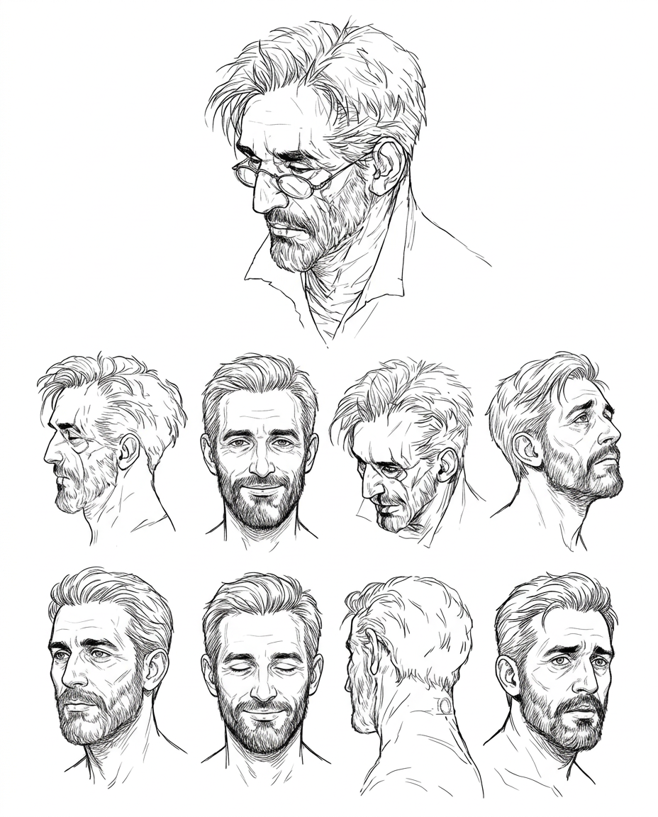 AI Design for create a highly detailed clean lineart illustration showing a set of expressions of the same person's face shown in the first reference image in the exact same art style as the second and third image , ensure the facial expressions are not too animated, they must evoke depth and emotion