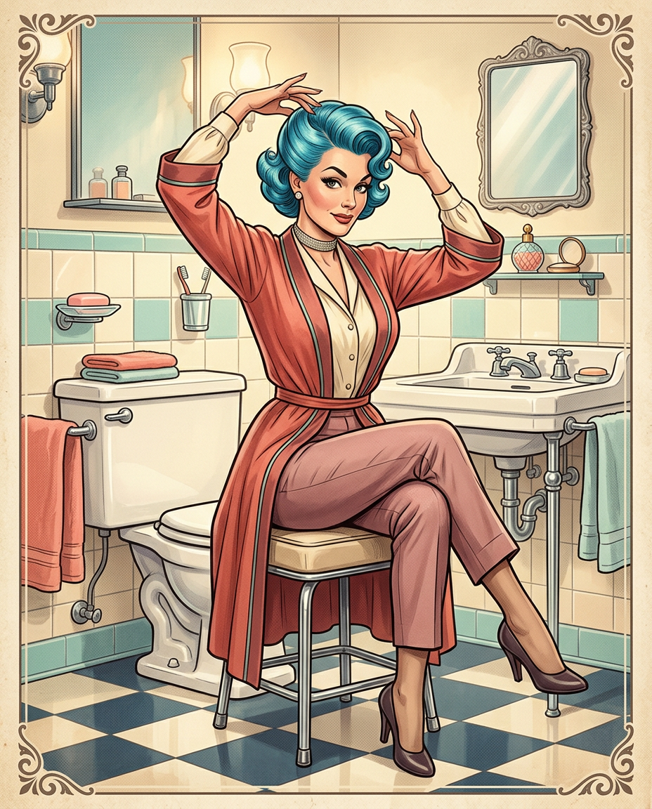 AI Design for Create a highly polished, professional mid-century vintage pin-up illustration featuring Ms. Gagglebert, a glamorous fictional woman with distinctive vivid blue hair and a mischievous, theatrical personality.
CHARACTER DESIGN
Adult fictional female character, elegant and confident
Distinctive sculpted blue hairstyle inspired by classic mid-century glamour
Expressive eyes, arched brows, playful knowing expression
Refined vintage facial features and carefully rendered likeness
Elegant choker necklace
Classic stockings and stylish retro heels
Tasteful, fully covered vintage lingerie-inspired outfit beneath a glamorous robe, with no exposed intimate areas
Strong hourglass-inspired costume silhouette without anatomical exaggeration
Personality should feel cheeky, theatrical, eccentric, and humorous rather than sexual
POSE & COMPOSITION
Seated elegantly on a vintage bathroom stool beside a classic porcelain toilet
Body turned approximately three-quarters toward the viewer
One knee angled slightly outward while maintaining a fully covered pose
Arms raised gracefully around the head, creating an elegant graphic silhouette
Hands positioned near the hairstyle as though adjusting or presenting the elaborate blue hair
Head tilted slightly toward the viewer
Confident, playful facial expression
Strong readable silhouette suitable for a professional pin-up poster
Camera positioned slightly below eye level for a classic illustrated-poster perspective
Full-body composition with enough surrounding environment to establish the bathroom
SETTING
A beautifully designed 1950s–1960s retro bathroom, featuring:
Cream and pastel ceramic tiles
Chrome fixtures
Vintage porcelain sink and toilet
Small decorative mirror
Period-appropriate bathroom accessories
Checkerboard or geometric floor pattern
Softly stylized reflections on chrome
A few deliberately placed personal accessories on the floor
Carefully composed environment that supports the character without overpowering her
ILLUSTRATION STYLE
Premium professional commercial pin-up artwork
Hand-painted appearance combined with exceptionally controlled ink linework
Classic American mid-century advertising illustration influence
Elegant contour lines
Subtle painterly brushwork
Smooth tonal transitions
Carefully controlled highlights and shadows
Slightly exaggerated but believable facial expression
Sophisticated vintage print texture
Clean, intentional shapes
Highly refined anatomy and hands
No photographic realism
No 3D-rendered appearance
No anime aesthetic
No crude or cartoonish proportions
LIGHTING
Warm theatrical bathroom lighting with a soft key light illuminating the character's face and hair. Subtle reflected light from the surrounding cream tiles and chrome fixtures. Gentle shadow beneath the stool and around architectural elements. Add a controlled vintage-print glow rather than modern cinematic lighting.
COLOUR PALETTE
Muted mid-century palette:
vivid but carefully controlled turquoise/blue hair
warm cream
dusty pink
muted coral
pale aqua
warm chrome highlights
restrained red accents
slightly aged paper tones
The blue hair should remain the strongest visual accent.
GRAPHIC DESIGN
Compose the image like a collectible vintage pin-up poster:
strong triangular composition
elegant negative space
clear focal hierarchy
character immediately readable at thumbnail size
decorative retro framing elements
subtle halftone texture
slightly imperfect offset-print character
aged paper grain
restrained poster typography area left intentionally blank
no contemporary objects or visual elements
QUALITY
Extremely detailed professional illustration, polished commercial artwork, sophisticated composition, accurate perspective, convincing hands and facial anatomy, refined fabric rendering, carefully constructed bathroom architecture, controlled line weight, nuanced painterly texture, print-quality finish, high resolution, crisp edges, visually coherent lighting, premium editorial-art direction.
NEGATIVE PROMPT
nudity, exposed breasts, exposed genitals, explicit sexual activity, fetish imagery, bondage, erotic restraint, bodily fluids, voyeuristic framing, pornographic composition, explicit underwear exposure, graphic anatomy, minors, youthful appearance, photographic pornography, distorted hands, extra fingers, malformed anatomy, excessive cleavage, exaggerated breasts, plastic skin, 3D CGI, photorealism, anime, low detail, muddy colours, cluttered background, modern bathroom fixtures, text artifacts, watermark