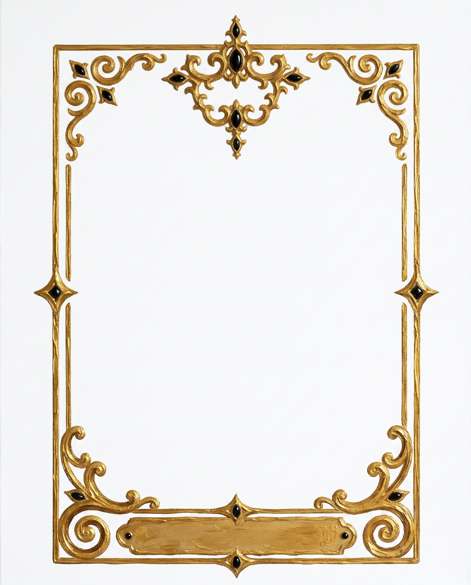 AI Design for create a minimal painterly oil paint textured frame like the one in the first image but the frame will look like the gold accents in the second image. make it unique and bold. only gold accent frame on solid white background. the design will look hand drawn and minimal, with space in the bottom for  text like in first image. the outside of the frame will be a exact rectangle