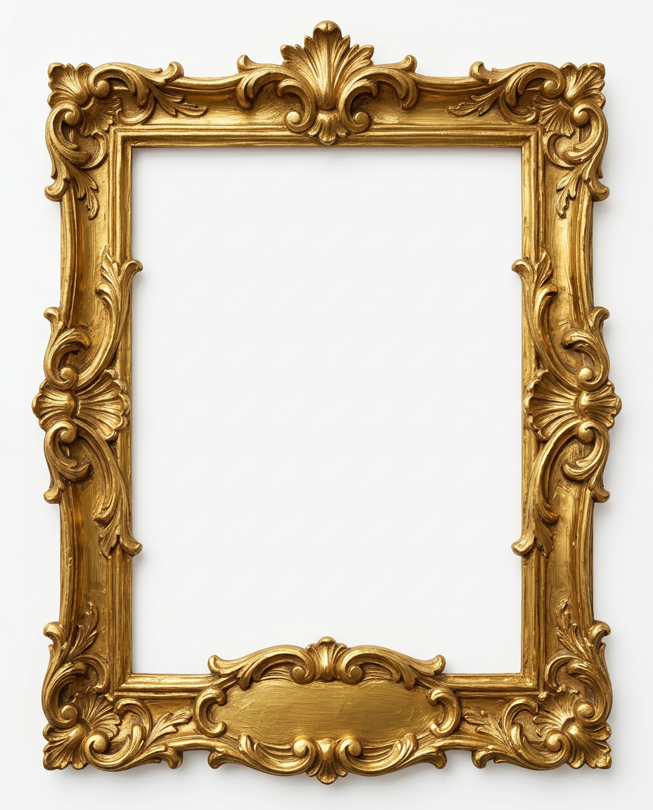AI Design for create a minimal painterly oil paint textured frame like the one in the first image but the frame will look like the gold accents in the second image. make it unique and bold. only gold accent frame on solid white background. the design will look hand drawn and minimal, with space in the bottom for  text like in first image. the outside of the frame will be a exact rectangle