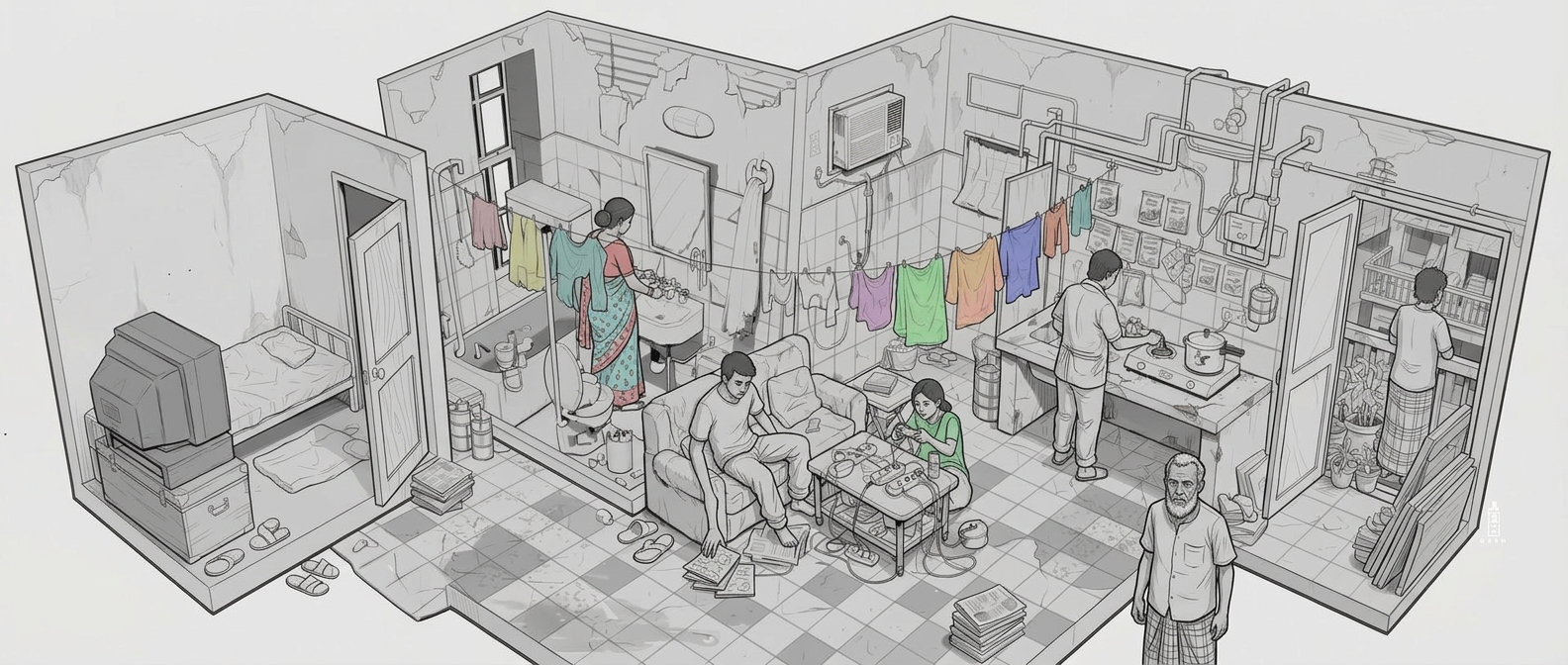 AI Design for add several bangladeshi people inside this space, naturally placed, existing interacting with the space. with one person standing at the corner in the foreground looking up at us