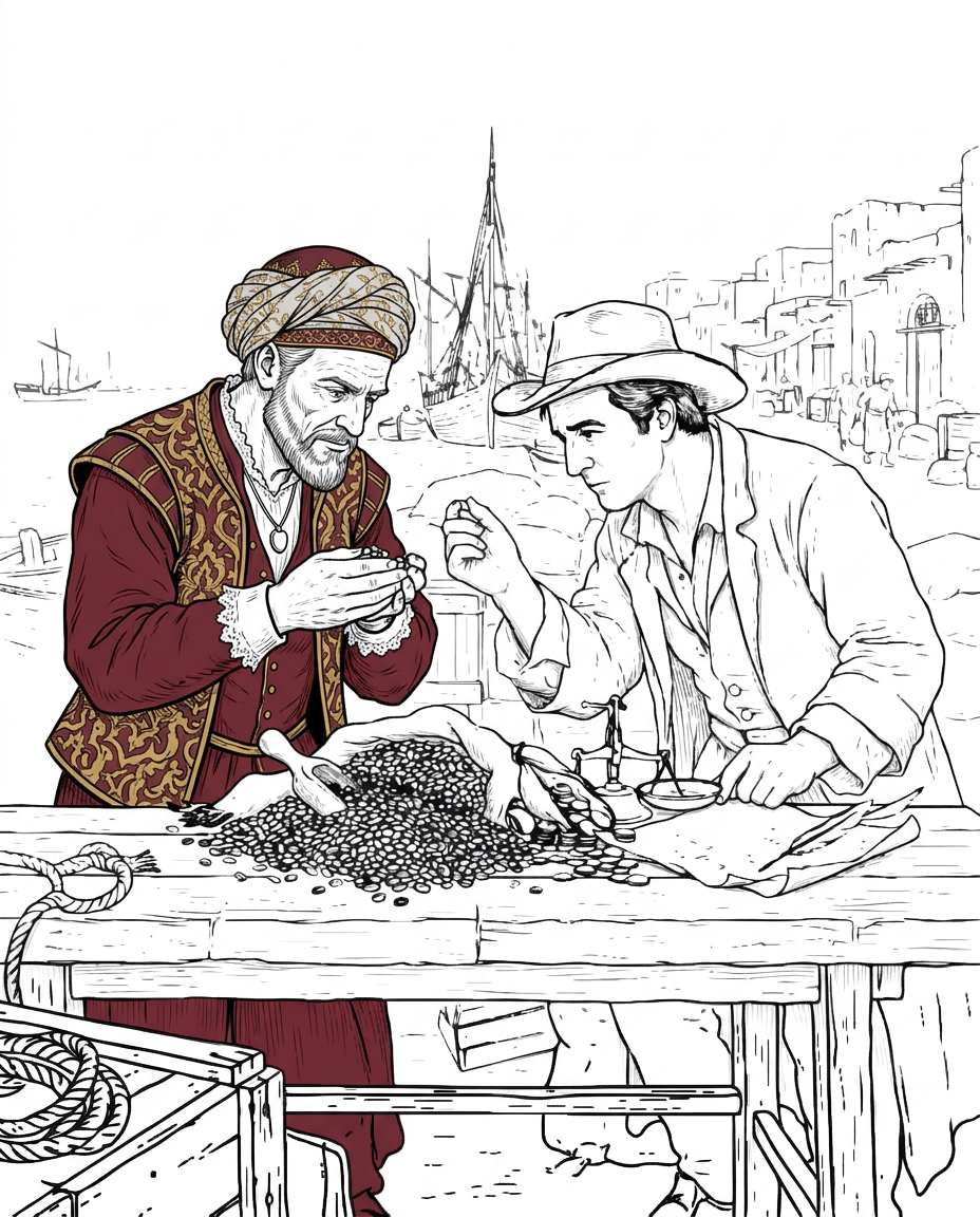 AI Design for change the appearence of the marchent in the left of the first sketch to make him look more like the marchent on th right of the second image, ensure that he looks accurate to XVII century. the only illustration on solid white background