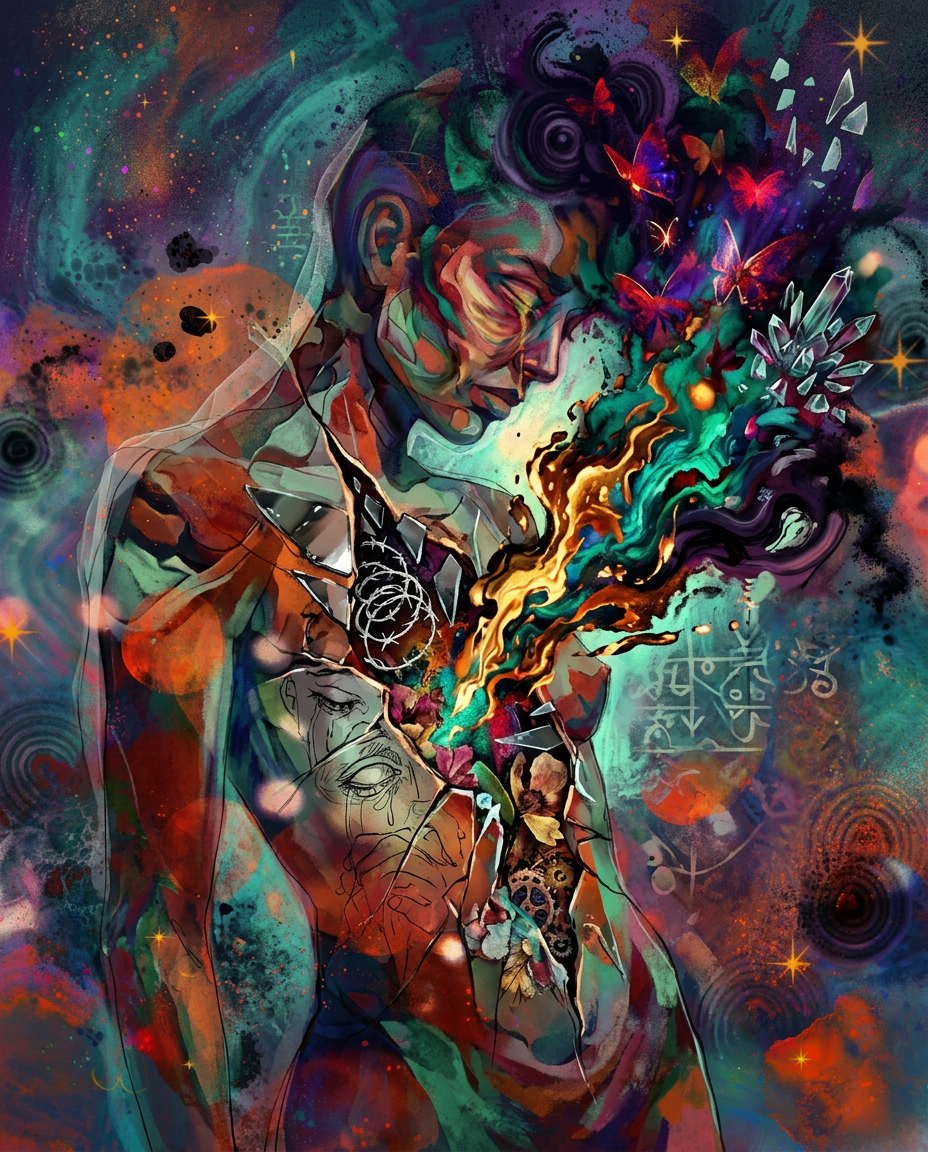 AI Design for create a new artwork similar to the art style of the reference image that is based on the concept of ''the wound'' , painterly, surreal, abstract colourful poetic artwork. dont copy reference image only follow textures