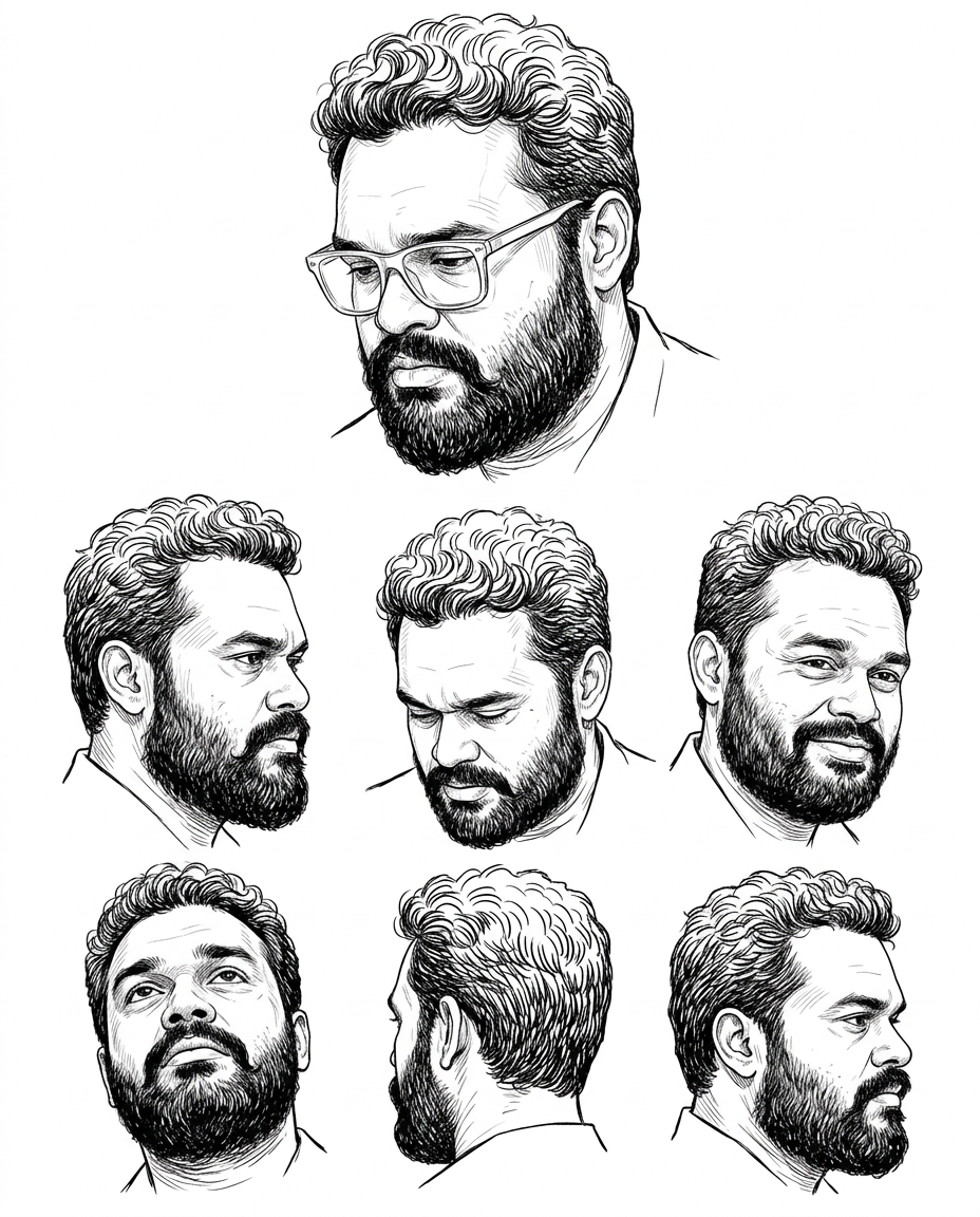AI Design for create a highly detailed clean lineart illustration showing a set of expressions of the same person's face shown in the first reference image in the exact same art style as the second image, ensure the facial expressions are not too animated, they must evoke depth and emotion