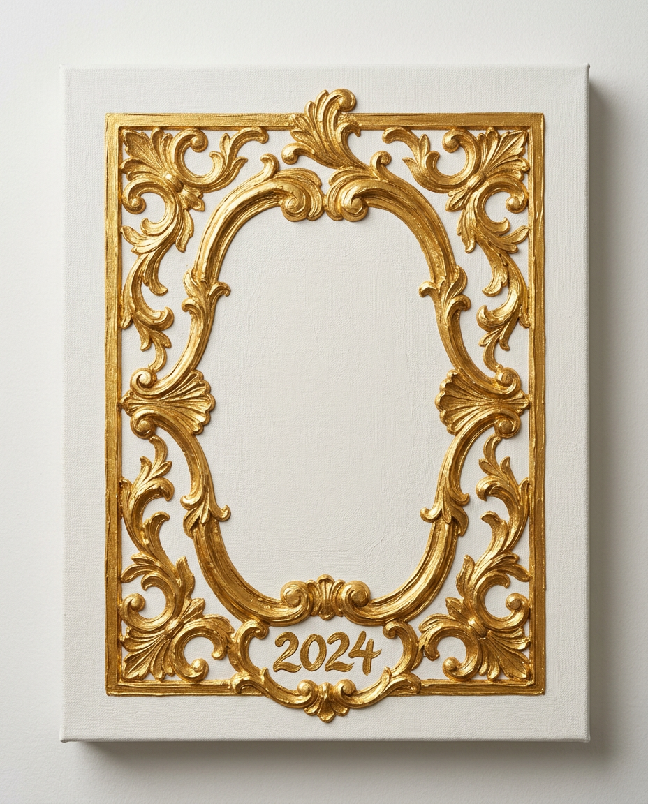 AI Design for create a minimal painterly oil paint textured frame like the one in the first image but the frame will look like the gold accents in the second image. make it unique and bold. only gold accent frame on solid white background. the design will look hand drawn and minimal, with space in the bottom for  text like in first image. the outside of the frame will be a exact rectangle