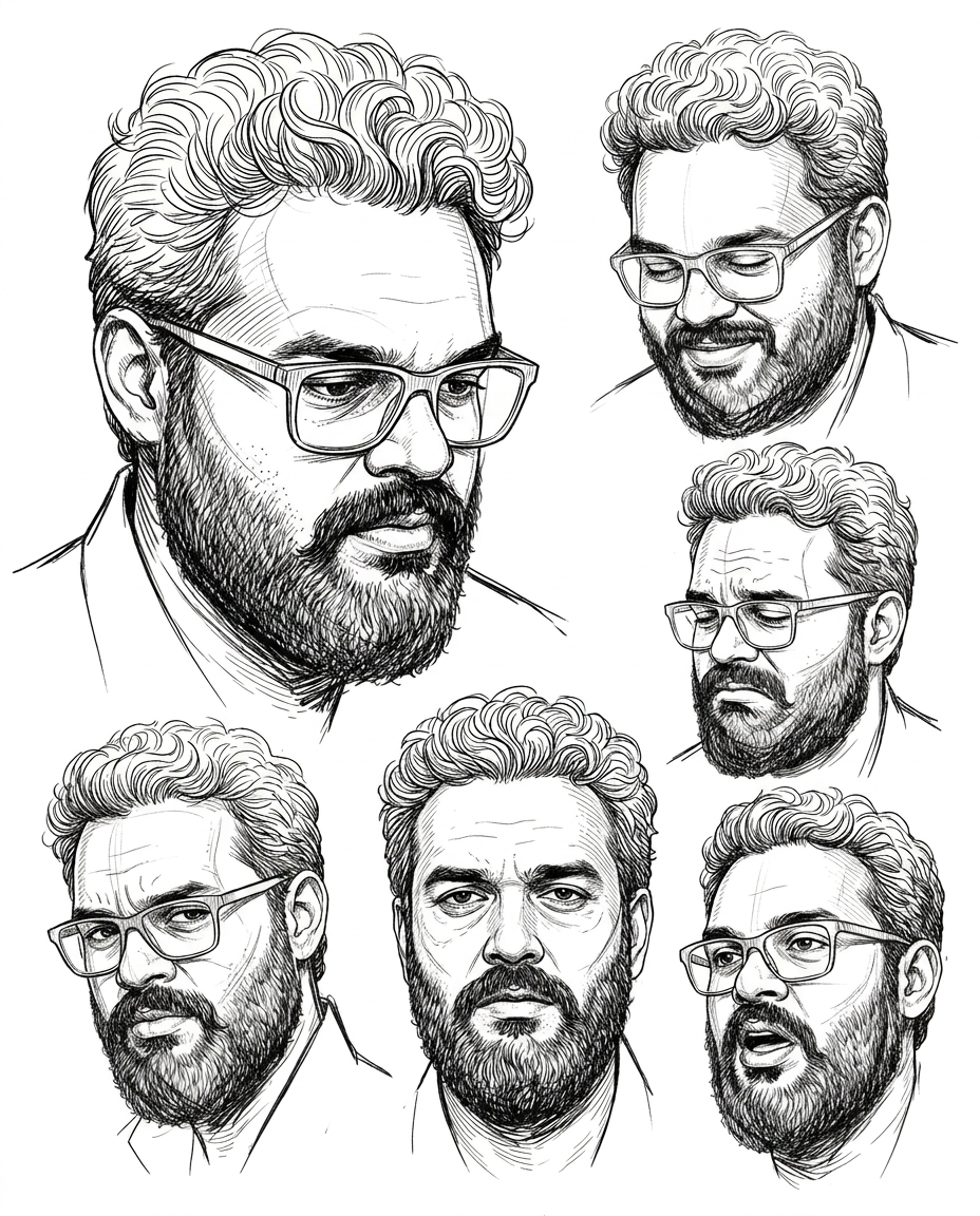 AI Design for redraw the first image in the exact same art style as second image and make sure the face of the man is recognizable, the illustratrion will be on solid white background