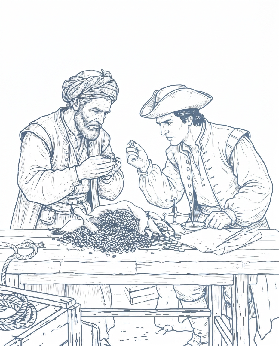 AI Design for the merchant in the first image seems modern, while we are in the XVII century. revise according to the second image, only illustration on solid white background