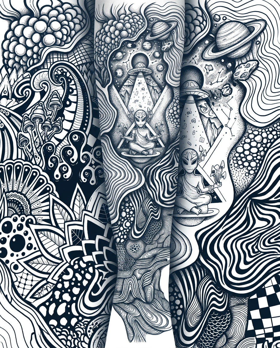 AI Design for You can make the lines go into the original tattoo. Can use shading to make the original tattoo standout bit more and the organic lines fall onto the background. Olso for me it missing a bit to much form these Image. For the rest i do say your in the right direction. But i know i ask for a lot of organic lines, but the different patterns can be broken up woth geometric paterns or straight lines or other paterns beside organic lines or even leave space inbetween, like the geometric tattoo i have on my other arm. Because i want this tattoo on my other arm to be kinda flipt of the other arm. Where i would say 80% is geometric and 20% is organic i want this flipt
Olso i want have really feel dept and 3e effect into the lines. Where is possible.
 
The tattoo should be "psychedelic" aswel with it is a bit more i want more busy if you get what i mean
The line all feel bit to the same at the moment. Jusy different level if thickness.