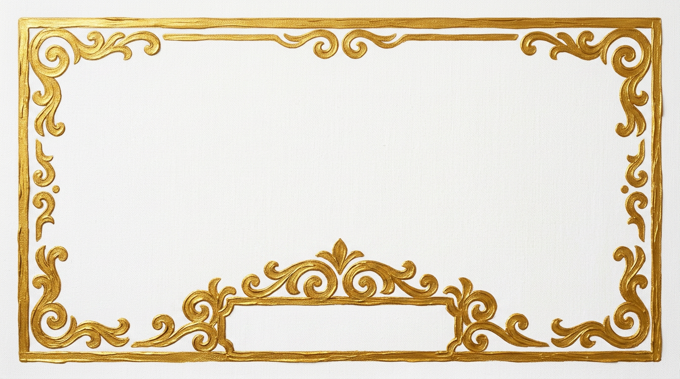 AI Design for create a minimal painterly oil paint textured frame like the one in the first image but the frame will look like the gold accents in the second image. make it unique and bold. only gold accent frame on solid white background. the design will look hand drawn and minimal, with space in the bottom for  text like in first image. the outside of the frame will be a exact rectangle. 3:2 ratio