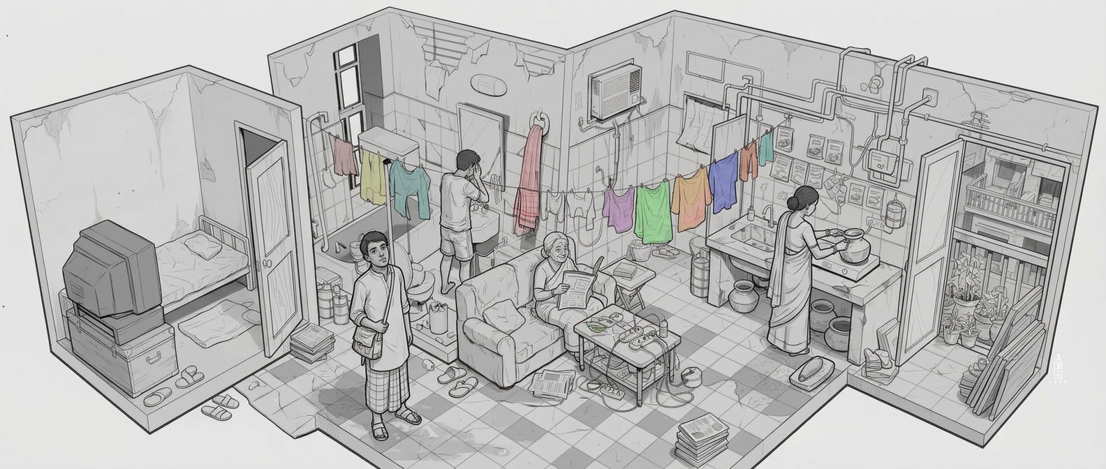 AI Design for add several bangladeshi people inside this space, naturally placed, existing interacting with the space. with one person standing at the corner in the foreground looking up at us