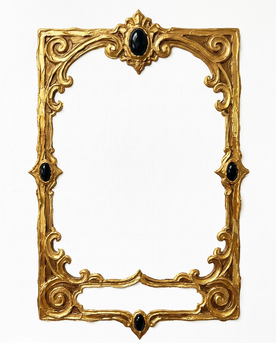 AI Design for create a minimal painterly oil paint textured frame like the one in the first image but the frame will look like the gold accents in the second image. make it unique and bold. only gold accent frame on solid white background. the design will look hand drawn and minimal, with space in the bottom for  text like in first image