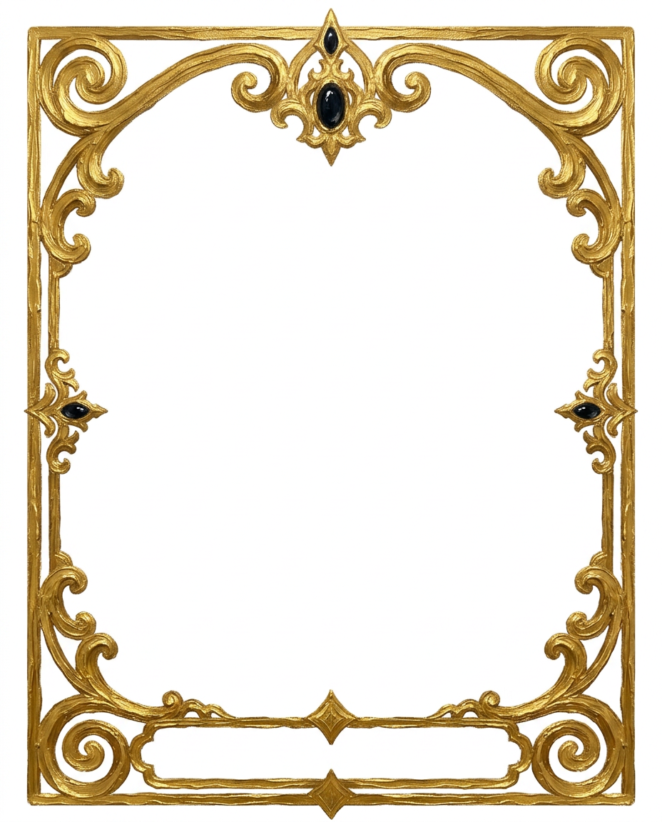 AI Design for create a minimal painterly oil paint textured frame like the one in the first image but the frame will look like the gold accents in the second image. make it unique and bold. only gold accent frame on solid white background. the design will look hand drawn and minimal, with space in the bottom for  text like in first image. the outside of the frame will be a exact rectangle
