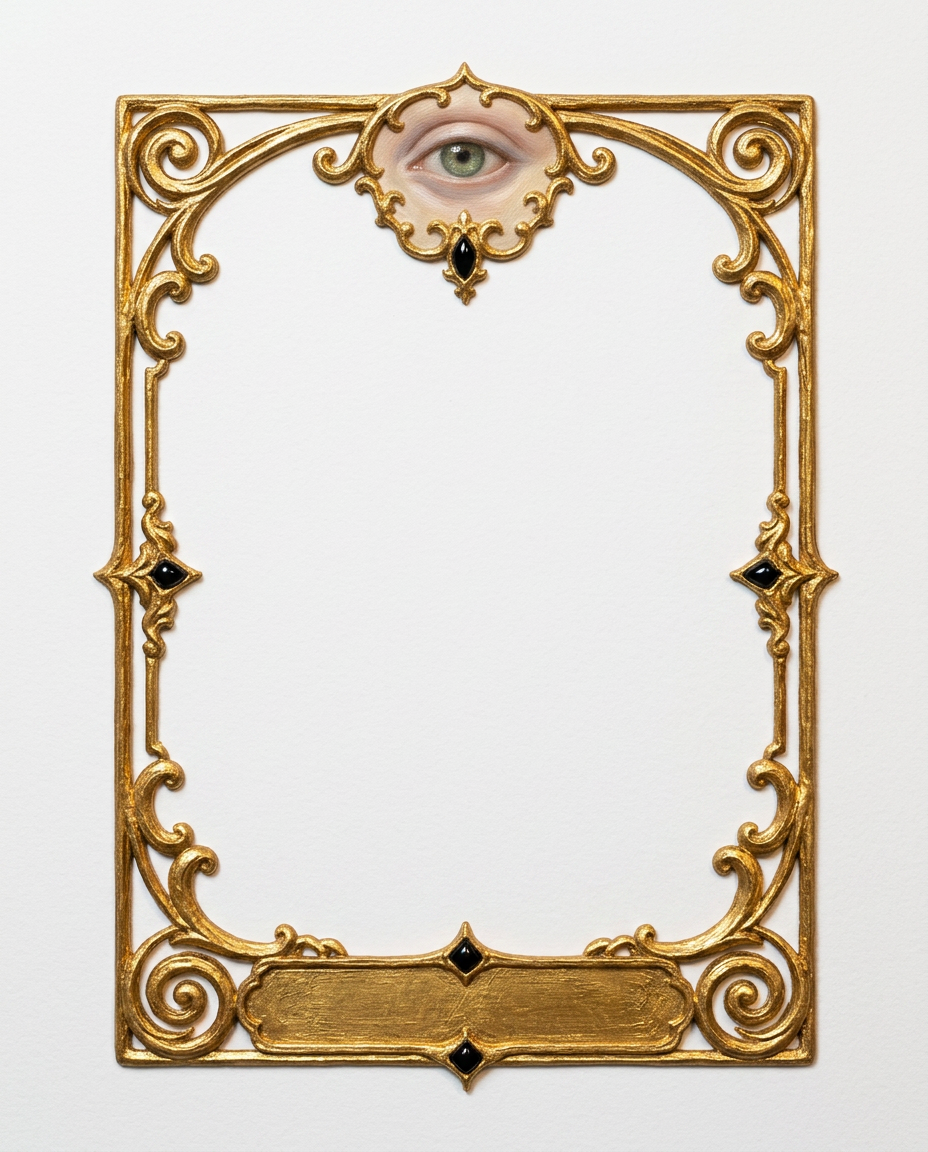 AI Design for create a minimal painterly oil paint textured frame like the one in the first image but the frame will look like the gold accents in the second image. make it unique and bold. only gold accent frame on solid white background. the design will look hand drawn and minimal, with space in the bottom for  text like in first image. the outside of the frame will be a exact rectangle