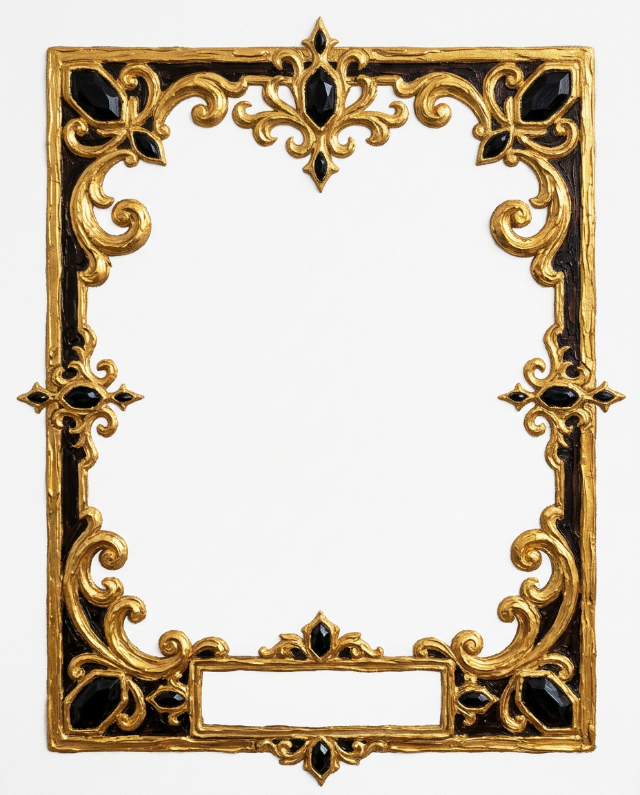 AI Design for create a minimal painterly oil paint textured frame like the one in the first image but the frame will look like the gold accents in the second image. make it unique and bold. only gold accent frame on solid white background. the design will look hand drawn and minimal, with space in the bottom for  text like in first image. the outside of the frame will be rectangle