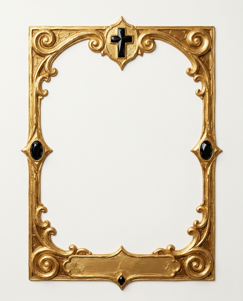 AI Design for create a minimal painterly oil paint textured frame like the one in the first image but the frame will look like the gold accents in the second image. make it unique and bold. only gold accent frame on solid white background. the design will look hand drawn and minimal, with space in the bottom for  text like in first image
