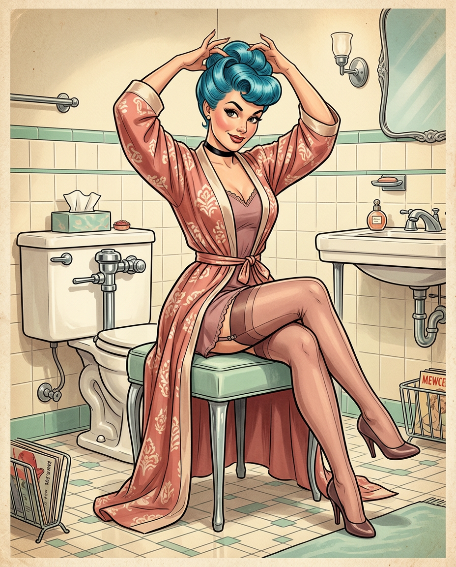 AI Design for Create a highly polished, professional mid-century vintage pin-up illustration featuring Ms. Gagglebert, a glamorous fictional woman with distinctive vivid blue hair and a mischievous, theatrical personality.
CHARACTER DESIGN
Adult fictional female character, elegant and confident
Distinctive sculpted blue hairstyle inspired by classic mid-century glamour
Expressive eyes, arched brows, playful knowing expression
Refined vintage facial features and carefully rendered likeness
Elegant choker necklace
Classic stockings and stylish retro heels
Tasteful, fully covered vintage lingerie-inspired outfit beneath a glamorous robe, with no exposed intimate areas
Strong hourglass-inspired costume silhouette without anatomical exaggeration
Personality should feel cheeky, theatrical, eccentric, and humorous rather than sexual
POSE & COMPOSITION
Seated elegantly on a vintage bathroom stool beside a classic porcelain toilet
Body turned approximately three-quarters toward the viewer
One knee angled slightly outward while maintaining a fully covered pose
Arms raised gracefully around the head, creating an elegant graphic silhouette
Hands positioned near the hairstyle as though adjusting or presenting the elaborate blue hair
Head tilted slightly toward the viewer
Confident, playful facial expression
Strong readable silhouette suitable for a professional pin-up poster
Camera positioned slightly below eye level for a classic illustrated-poster perspective
Full-body composition with enough surrounding environment to establish the bathroom
SETTING
A beautifully designed 1950s–1960s retro bathroom, featuring:
Cream and pastel ceramic tiles
Chrome fixtures
Vintage porcelain sink and toilet
Small decorative mirror
Period-appropriate bathroom accessories
Checkerboard or geometric floor pattern
Softly stylized reflections on chrome
A few deliberately placed personal accessories on the floor
Carefully composed environment that supports the character without overpowering her
ILLUSTRATION STYLE
Premium professional commercial pin-up artwork
Hand-painted appearance combined with exceptionally controlled ink linework
Classic American mid-century advertising illustration influence
Elegant contour lines
Subtle painterly brushwork
Smooth tonal transitions
Carefully controlled highlights and shadows
Slightly exaggerated but believable facial expression
Sophisticated vintage print texture
Clean, intentional shapes
Highly refined anatomy and hands
No photographic realism
No 3D-rendered appearance
No anime aesthetic
No crude or cartoonish proportions
LIGHTING
Warm theatrical bathroom lighting with a soft key light illuminating the character's face and hair. Subtle reflected light from the surrounding cream tiles and chrome fixtures. Gentle shadow beneath the stool and around architectural elements. Add a controlled vintage-print glow rather than modern cinematic lighting.
COLOUR PALETTE
Muted mid-century palette:
vivid but carefully controlled turquoise/blue hair
warm cream
dusty pink
muted coral
pale aqua
warm chrome highlights
restrained red accents
slightly aged paper tones
The blue hair should remain the strongest visual accent.
GRAPHIC DESIGN
Compose the image like a collectible vintage pin-up poster:
strong triangular composition
elegant negative space
clear focal hierarchy
character immediately readable at thumbnail size
decorative retro framing elements
subtle halftone texture
slightly imperfect offset-print character
aged paper grain
restrained poster typography area left intentionally blank
no contemporary objects or visual elements
QUALITY
Extremely detailed professional illustration, polished commercial artwork, sophisticated composition, accurate perspective, convincing hands and facial anatomy, refined fabric rendering, carefully constructed bathroom architecture, controlled line weight, nuanced painterly texture, print-quality finish, high resolution, crisp edges, visually coherent lighting, premium editorial-art direction.
NEGATIVE PROMPT
nudity, exposed breasts, exposed genitals, explicit sexual activity, fetish imagery, bondage, erotic restraint, bodily fluids, voyeuristic framing, pornographic composition, explicit underwear exposure, graphic anatomy, minors, youthful appearance, photographic pornography, distorted hands, extra fingers, malformed anatomy, excessive cleavage, exaggerated breasts, plastic skin, 3D CGI, photorealism, anime, low detail, muddy colours, cluttered background, modern bathroom fixtures, text artifacts, watermark