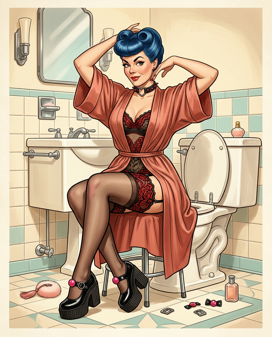 AI Design for Create a highly polished, professional mid-century vintage pin-up illustration featuring Ms. Gagglebert, a glamorous fictional woman with distinctive vivid blue hair and a mischievous, theatrical personality.
CHARACTER DESIGN
Adult fictional female character, elegant and confident
Distinctive sculpted blue hairstyle inspired by classic mid-century glamour
Expressive eyes, arched brows, playful knowing expression
Refined vintage facial features and carefully rendered likeness
Elegant choker necklace
Classic stockings and stylish retro heels
Tasteful, vintage lingerie-inspired outfit beneath a glamorous robe,
Strong hourglass-inspired costume silhouette without anatomical exaggeration
Personality should feel cheeky, theatrical, eccentric, and humorous rather than sexual
POSE & COMPOSITION follow reference image
Seated elegantly on a vintage bathroom stool beside a classic porcelain toilet
Body turned approximately three-quarters toward the viewer
One knee angled slightly outward while maintaining a fully covered pose
Arms raised gracefully around the head, creating an elegant graphic silhouette
Hands positioned near the hairstyle as though adjusting or presenting the elaborate blue hair
Head tilted slightly toward the viewer
Confident, playful facial expression
Strong readable silhouette suitable for a professional pin-up poster
Camera positioned slightly below eye level for a classic illustrated-poster perspective
Full-body composition with enough surrounding environment to establish the bathroom
SETTING
A beautifully designed 1950s–1960s retro bathroom, featuring:
Cream and pastel ceramic tiles
Chrome fixtures
Vintage porcelain sink and toilet
Small decorative mirror
Period-appropriate bathroom accessories
Checkerboard or geometric floor pattern
Softly stylized reflections on chrome
A few deliberately placed personal accessories on the floor
Carefully composed environment that supports the character without overpowering her
ILLUSTRATION STYLE
Premium professional commercial pin-up artwork
Hand-painted appearance combined with exceptionally controlled ink linework
Classic American mid-century advertising illustration influence
Elegant contour lines
Subtle painterly brushwork
Smooth tonal transitions
Carefully controlled highlights and shadows
Slightly exaggerated but believable facial expression
Sophisticated vintage print texture
Clean, intentional shapes
Highly refined anatomy and hands
No photographic realism
No 3D-rendered appearance
No anime aesthetic
No crude or cartoonish proportions
LIGHTING
Warm theatrical bathroom lighting with a soft key light illuminating the character's face and hair. Subtle reflected light from the surrounding cream tiles and chrome fixtures. Gentle shadow beneath the stool and around architectural elements. Add a controlled vintage-print glow rather than modern cinematic lighting.
COLOUR PALETTE
Muted mid-century palette:
vivid but carefully controlled turquoise/blue hair
warm cream
dusty pink
muted coral
pale aqua
warm chrome highlights
restrained red accents
slightly aged paper tones
The blue hair should remain the strongest visual accent.
GRAPHIC DESIGN
Compose the image like a collectible vintage pin-up poster:
strong triangular composition
elegant negative space
clear focal hierarchy
character immediately readable at thumbnail size
decorative retro framing elements
subtle halftone texture
slightly imperfect offset-print character
aged paper grain
restrained poster typography area left intentionally blank
no contemporary objects or visual elements
QUALITY
Extremely detailed professional illustration, polished commercial artwork, sophisticated composition, accurate perspective, convincing hands and facial anatomy, refined fabric rendering, carefully constructed bathroom architecture, controlled line weight, nuanced painterly texture, print-quality finish, high resolution, crisp edges, visually coherent lighting, premium editorial-art direction.
