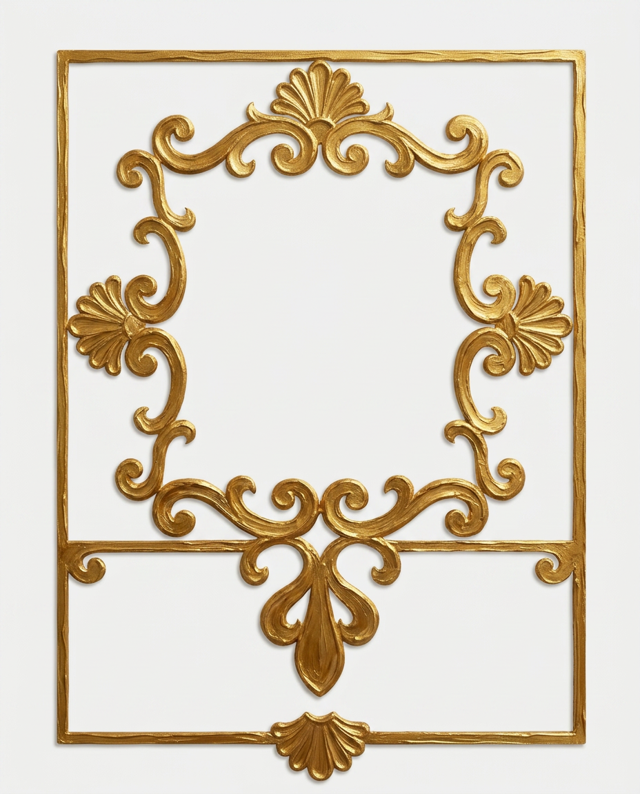 AI Design for create a minimal painterly oil paint textured frame like the one in the first image but the frame will look like the gold accents in the second image. make it unique and bold. only gold accent frame on solid white background. the design will look hand drawn and minimal, with space in the bottom for  text like in first image. the outside of the frame will be a exact rectangle