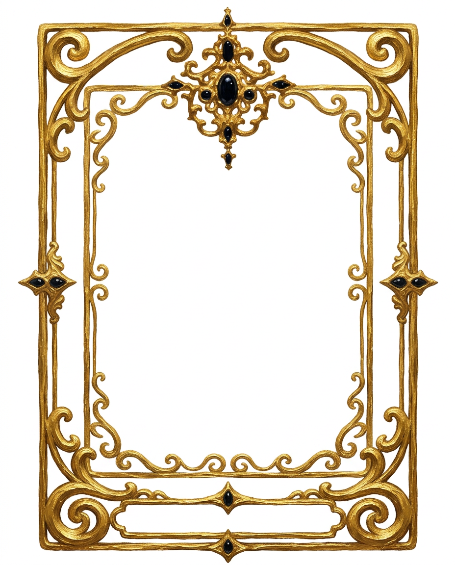 AI Design for create a minimal painterly oil paint textured frame like the one in the first image but the frame will look like the gold accents in the second image. make it unique and bold. only gold accent frame on solid white background. the design will look hand drawn and minimal, with space in the bottom for  text like in first image