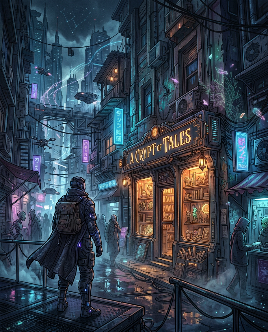 AI Design for Create a highly detailed, cinematic sci-fi cyberpunk psychedelic illustration for a premium bookstore artwork titled “A Crypt of Tales.”
SCENE CONCEPT:
A mysterious futuristic city at night, where a hidden bookstore called “A Crypt of Tales” exists deep within a sprawling cyberpunk alleyway. The scene should feel like a portal into an enormous universe of science fiction, fantasy, horror, and strange forgotten stories. Create a full environmental scene with strong narrative depth, populated by mysterious travelers, cybernetic beings, strange machines, alien architecture, atmospheric details, and subtle surreal elements.
COMPOSITION:
Vertical cinematic composition, highly immersive full-scene illustration. Establish a strong foreground, middle ground, and distant background.
In the foreground, place a mysterious cyberpunk traveler standing on a rain-slick elevated street or rooftop, viewed mostly from behind/three-quarter angle. The character wears a sophisticated futuristic cloak, layered protective clothing, mechanical accessories, and subtle glowing technological elements. Their silhouette should immediately draw the viewer into the scene.
In the middle ground, make the bookstore the primary visual anchor. A narrow, beautifully designed storefront is embedded between enormous futuristic buildings. Above the entrance, prominently display the exact store name:
“A CRYPT OF TALES”
The lettering should feel like an atmospheric cyberpunk bookstore sign—ornate, slightly mysterious, hand-crafted, integrated naturally into the architecture, with subtle luminous edging. The sign must be clearly readable and spelled exactly as written.
The bookstore should feel mysterious and inviting rather than like a conventional modern shop. Through the large windows, reveal towering shelves filled with books, strange manuscripts, glowing artifacts, occult-looking objects, futuristic technology, miniature sculptures, alien curiosities, maps, mechanical relics, and fantastical objects. Warm interior illumination should contrast dramatically against the cold blue-green city outside.
ENVIRONMENT:
Surround the bookstore with an enormous dense cyberpunk marketplace. Narrow vertical streets disappear into the distance between towering buildings. Layered balconies, pipes, cables, ducts, vents, holographic advertisements, old signage, electrical conduits, hanging lamps, awnings, fire escapes, vending stalls, neon strips, mechanical infrastructure, exposed architecture, rooftop structures, and tangled wires create extreme environmental richness.
Mix futuristic technology with decayed, weathered architecture. The world should feel lived-in, ancient, mysterious, and slightly dystopian rather than clean or sterile.
Add distant pedestrians, hooded figures, androids, cybernetic travelers, strange silhouettes, hovering delivery drones, robotic animals, and subtle alien-looking inhabitants. Keep them secondary to the bookstore and main character.
PSYCHEDELIC SCI-FI ELEMENTS:
Introduce surreal visual phenomena throughout the environment: faint luminous particles floating through the air, strange translucent atmospheric forms, impossible reflections, subtle distortions in perspective, organic glowing structures growing around buildings, floating fragments of objects, unusual constellations visible between skyscrapers, and abstract luminous trails weaving through the city.
The psychedelic elements should feel mysterious and sophisticated—not chaotic or cartoonish. They should suggest that this bookstore exists at the boundary between realities.
COLOR PALETTE:
Deep midnight navy, indigo, desaturated teal, petrol blue, dark violet, muted magenta, electric cyan, and selective warm amber/orange light.
Use the cold blue-green environment as the dominant palette, punctuated by intense magenta and cyan neon accents and warm golden light spilling from the bookstore.
Strong cinematic color contrast:
cold exterior + warm bookstore interior + selective neon highlights.
LIGHTING:
Atmospheric nighttime lighting, dramatic rim lighting, volumetric fog, glowing signs reflected across wet pavement, subtle atmospheric haze, strong silhouettes, diffused neon illumination, reflected colored light on metal and fabric, luminous windows, distant city glow, and tiny points of light throughout the background.
Create sophisticated cinematic lighting with deep shadows while retaining enough detail for the viewer to explore the scene.
ART STYLE:
Highly polished professional concept-art illustration, cinematic sci-fi fantasy key art, painterly digital environment art, expressive brushwork, sophisticated color grading, detailed atmospheric perspective, textured surfaces, dramatic silhouettes, highly controlled composition, rich environmental storytelling.
Combine the visual qualities of premium science-fiction concept art with painterly fantasy illustration. Organic brush textures should remain visible while maintaining extremely high detail.
Avoid sterile photorealism. The artwork should feel deliberately illustrated, tactile, atmospheric, and handcrafted.
DETAIL LEVEL:
Extremely detailed full-scene artwork. Every area should contain interesting environmental storytelling without becoming visually incoherent.
Include:
- intricate cybernetic clothing
- futuristic architecture
- weathered metal
- wet pavement
- exposed wiring
- glowing signs
- books and shelves
- mysterious artifacts
- futuristic street vendors
- mechanical objects
- drones
- distant characters
- pipes and ventilation systems
- holographic interfaces
- atmospheric particles
- reflections
- layered architectural depth
- subtle surreal phenomena
- tiny background details
Create a strong sense of scale by contrasting the human-sized bookstore and characters against enormous futuristic structures.
MOOD:
Mysterious, adventurous, melancholic, dreamlike, slightly ominous, intellectually curious, otherworldly, immersive, and cinematic.
The viewer should feel as though they have stumbled upon a secret bookstore at the edge of civilization—a place where stories, memories, nightmares, myths, and futuristic worlds are physically stored.
NARRATIVE FEEL:
The illustration should communicate:
“Every story is a doorway to another world.”
Make “A Crypt of Tales” feel like a legendary destination hidden inside a vast futuristic city.
VISUAL PRIORITY:
1. Clearly readable “A CRYPT OF TALES” bookstore sign
2. Distinctive mysterious bookstore entrance
3. Main cyberpunk traveler in foreground
4. Deep futuristic city environment
5. Warm bookstore interior contrasting with the night
6. Surreal psychedelic sci-fi atmosphere
7. Extremely rich environmental storytelling
CAMERA:
Cinematic wide-angle perspective, slightly low viewpoint, strong leading lines directing the eye toward the bookstore entrance, deep perspective, layered foreground/middle/background composition, dramatic vertical framing.
QUALITY:
Masterpiece-level professional illustration, premium publishing artwork, highly detailed sci-fi concept art, sophisticated painterly rendering, atmospheric depth, intricate environmental design, beautiful composition, coherent anatomy, convincing perspective, realistic materials, expressive lighting, subtle filmic grain, exceptionally polished final artwork.
NO:
generic cyberpunk stock imagery, clean futuristic city, empty streets, simplistic buildings, excessive holographic clutter, cartoon aesthetics, anime style, photorealistic photography, flat lighting, oversaturated rainbow colors, random unreadable text, excessive visual noise, poorly rendered faces, distorted anatomy, malformed hands, floating objects without purpose, generic neon city clichés.
Ensure the bookstore name is spelled exactly:
“A CRYPT OF TALES”