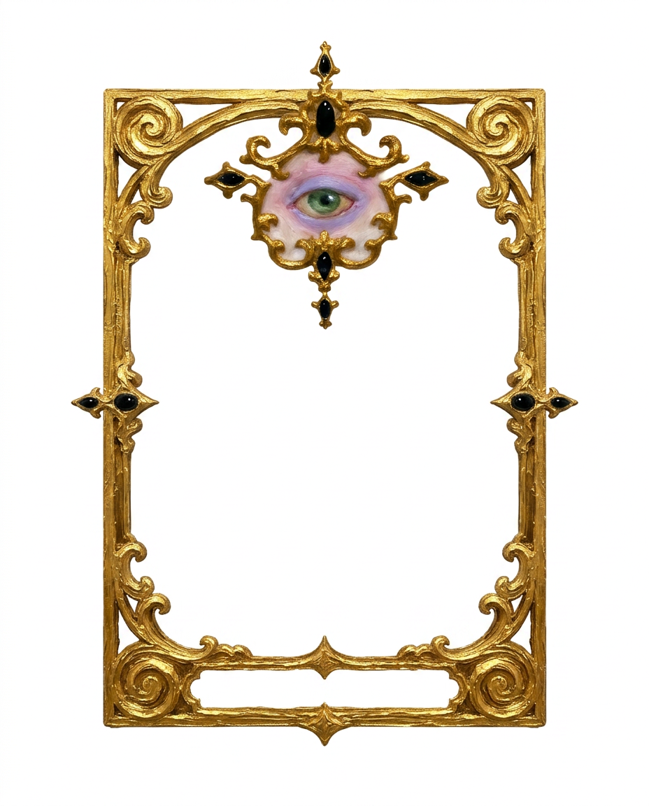 AI Design for create a minimal painterly oil paint textured frame like the one in the first image but the frame will look like the gold accents in the second image. make it unique and bold. only gold accent frame on solid white background. the design will look hand drawn and minimal, with space in the bottom for  text like in first image. the outside of the frame will be a exact rectangle