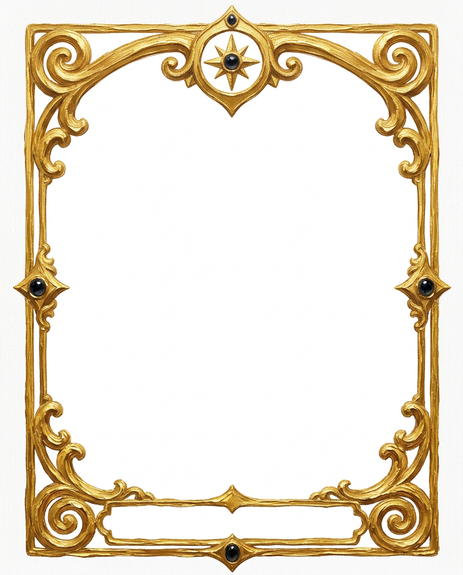 AI Design for create a minimal painterly oil paint textured frame like the one in the first image but the frame will look like the gold accents in the second image. make it unique and bold. only gold accent frame on solid white background. the design will look hand drawn and minimal, with space in the bottom for  text like in first image. the outside of the frame will be rectangle