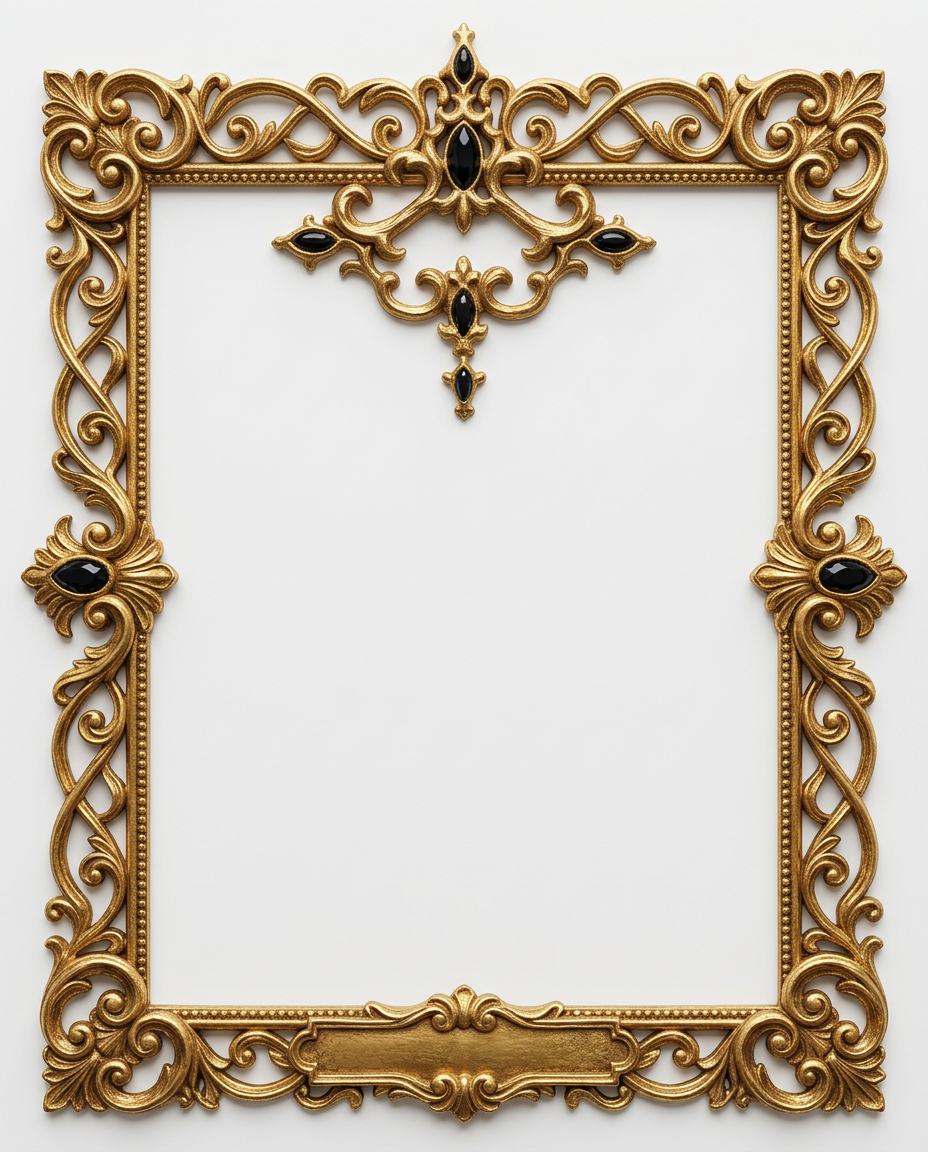 AI Design for create a minimal frame like the one in the first image but the frame will look like the gold accents in the second image. make it unique and bold. only gold accent frame on solid white background
