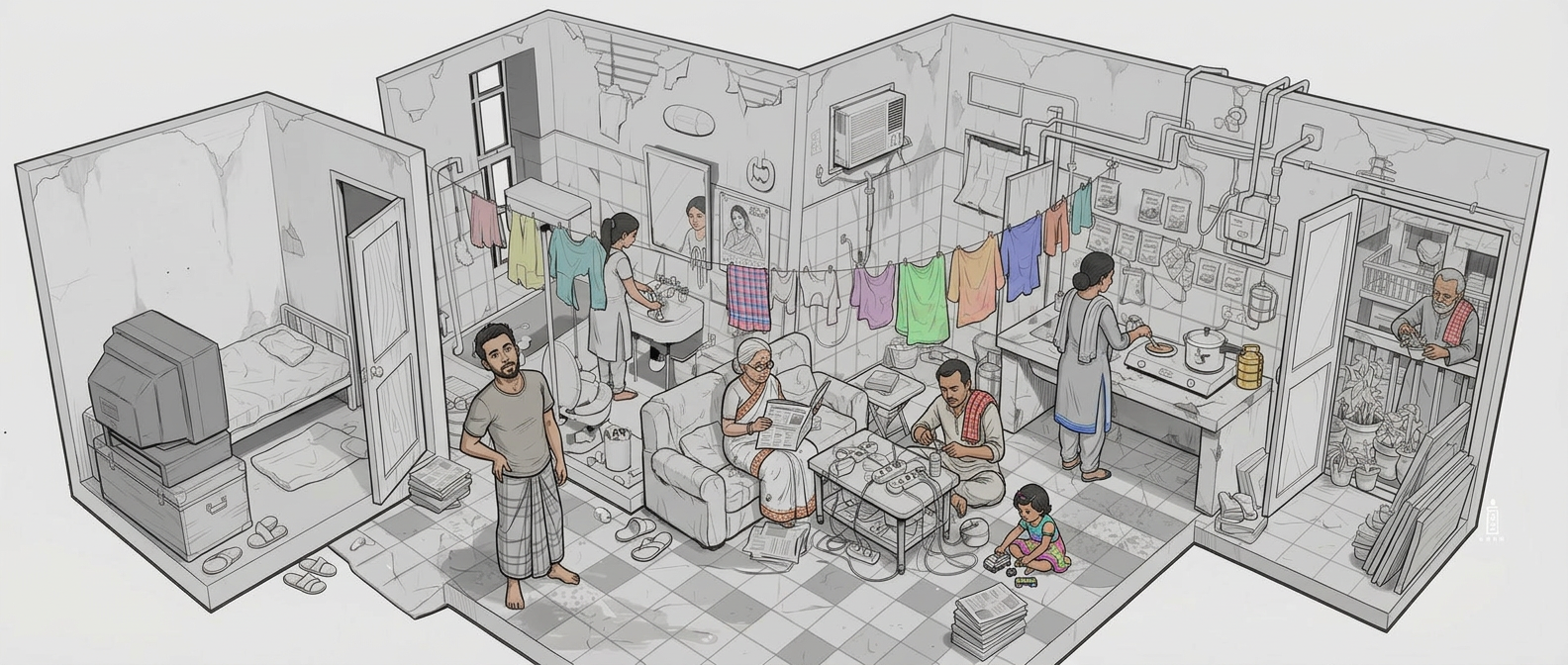 AI Design for add several bangladeshi people inside this space, naturally placed, existing interacting with the space. with one person standing at the corner in the foreground looking up at us