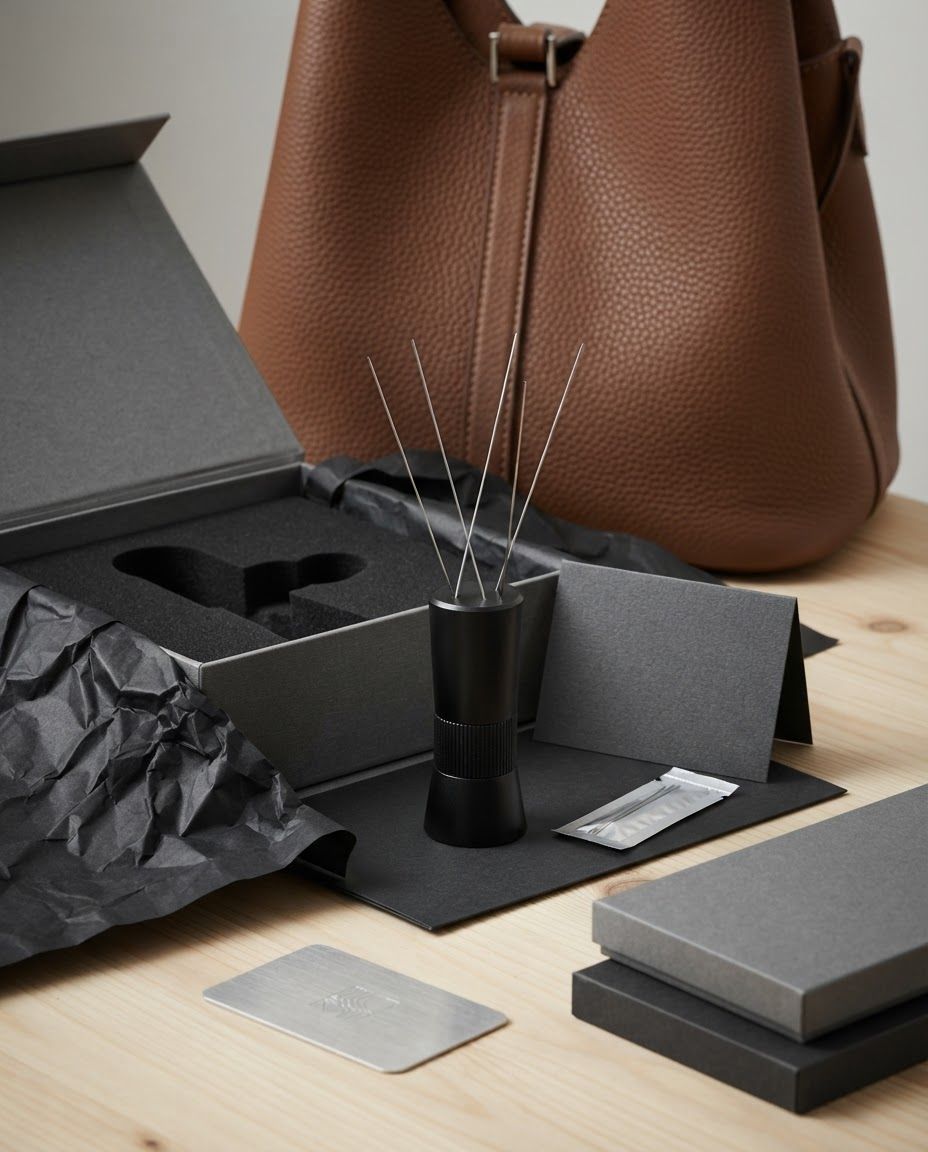 AI Design for Packaging and unboxing scene for Precision Coffee Distribution Tool. A black, cylindrical coffee distribution tool with several thin, protruding metal needles, standing upright on a light wooden surface in front of a textured brown leather bag. Product and packaging arranged in a polished tabletop composition, realistic folds, inserts, tissue, or box details where appropriate, premium ecommerce styling, no invented readable copy.