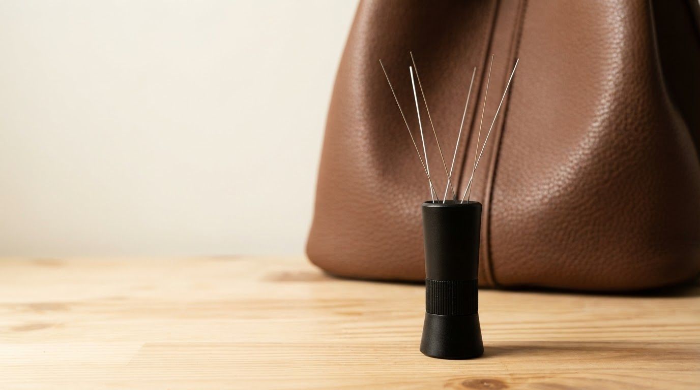 AI Design for Wide campaign hero photograph for Precision Coffee Distribution Tool. A black, cylindrical coffee distribution tool with several thin, protruding metal needles, standing upright on a light wooden surface in front of a textured brown leather bag. Premium advertising composition with the product as focal point, cinematic lighting, clean negative space on one side for copy to be added later, no rendered words or logos beyond the reference product.