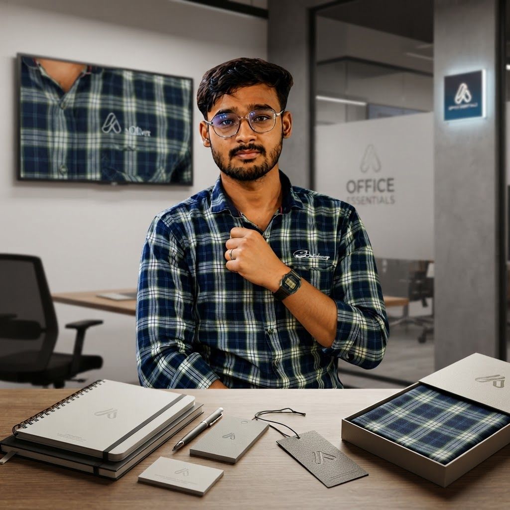 AI Design for Brand application mockup concept for A professional portrait of the subject in the plaid shirt within a modern office environment, positioning the apparel as stylish and accessible workwear.. Multiple branded touchpoints in one refined composition, such as stationery, packaging, digital screen, signage, or apparel, realistic materials, no invented readable copy.
Feature the product (Plaid Button-Down Shirt) from the attached product reference image as the central subject — preserve its shape, color, logos, and details with full fidelity. A medium shot of a young man with a beard and glasses wearing a blue and white plaid button-down shirt. The subject is posed with one hand near his chest, set against a solid black background.
