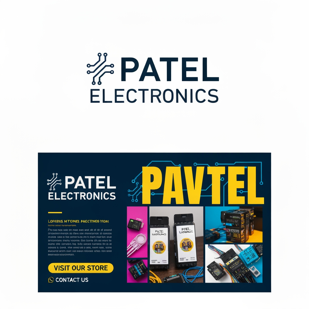 AI Design for I want to this Patel Electronics business logo create and poster create for free designed create