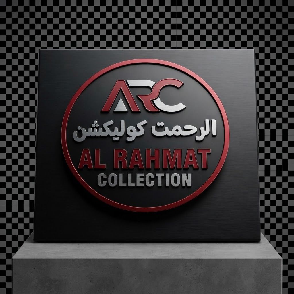 AI Design for High-end studio product photograph of Al Rahmat Collection. A circular logo featuring the letters ARC at the top in red and white, with the text Al Rahmat Collection written in both Arabic script and English below on a black background. The entire design is enclosed by a thin red circular border against a dark gray checkerboard transparency background. Product centered as the clear hero, clean neutral background, controlled softbox lighting, realistic contact shadow, crisp edges, accurate material texture, no readable text added.