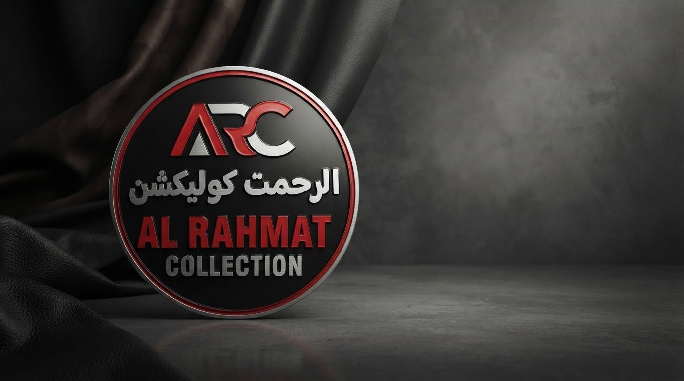 AI Design for Wide campaign hero photograph for Al Rahmat Collection. A circular logo featuring the letters ARC at the top in red and white, with the text Al Rahmat Collection written in both Arabic script and English below on a black background. The entire design is enclosed by a thin red circular border against a dark gray checkerboard transparency background. Premium advertising composition with the product as focal point, cinematic lighting, clean negative space on one side for copy to be added later, no rendered words or logos beyond the reference product.