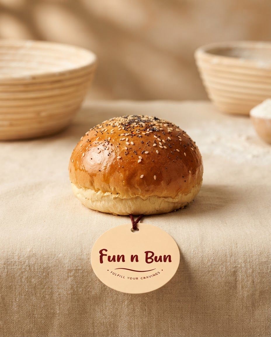 AI Design for Social campaign preview for brand. Portrait campaign visual that feels ready for client approval, clear focal image, cohesive art direction, clean space for copy to be added later, no generated text.
Incorporate the attached brand element reference image (Reference A: brand element "Fun n Bun") into the composition where natural — preserve the depicted brand element's appearance.