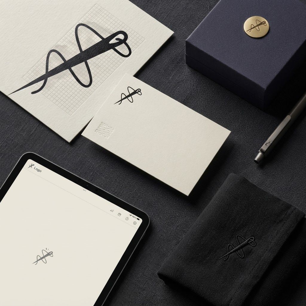 AI Design for Brand application mockup concept for Develop a sophisticated brand system using this needle and thread motif to symbolize precision and craftsmanship in tailored client solutions.. Multiple branded touchpoints in one refined composition, such as stationery, packaging, digital screen, signage, or apparel, realistic materials, no invented readable copy.
Incorporate the attached brand element reference image (Reference A: brand element "Needle and String") into the composition where natural — preserve the depicted brand element's appearance.