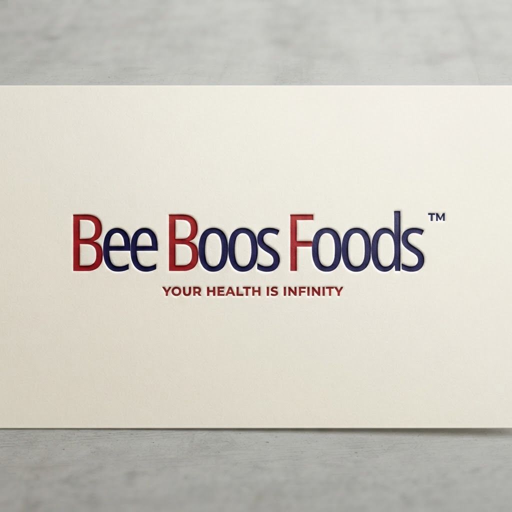 AI Design for Premium logo presentation mockup concept for Create a clean, professional visual identity for Bee Boos Foods that highlights health and vitality using the established red and dark blue color palette.. Logo or brand mark displayed on a clean neutral surface with subtle depth, refined shadow, precise alignment, elegant design-studio presentation, no extra readable text.
Incorporate the attached brand element reference image (Reference A: brand element "Bee Boos Foods") into the composition where natural — preserve the depicted brand element's appearance.