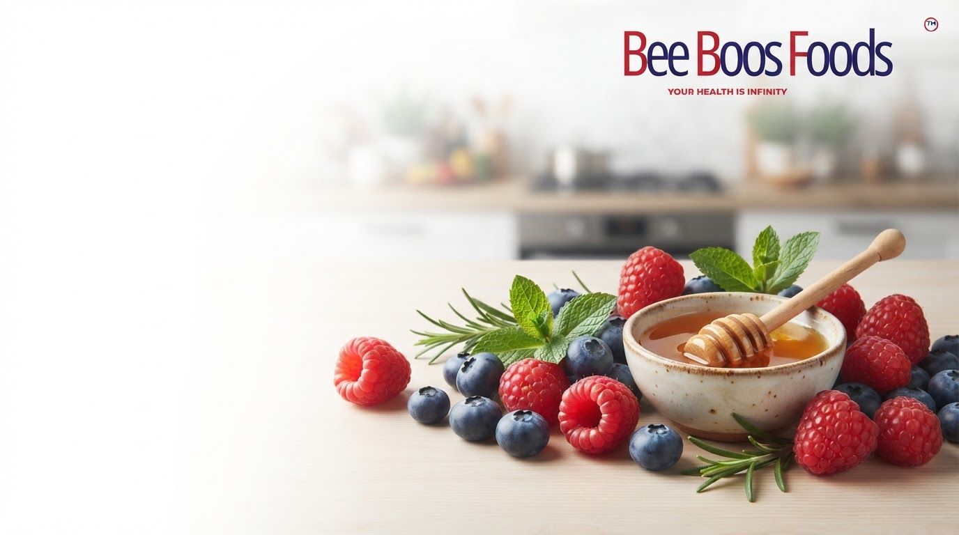 AI Design for Website hero image concept for Create a clean, professional visual identity for Bee Boos Foods that highlights health and vitality using the established red and dark blue color palette.. Wide polished digital brand visual, clear focal identity element, cohesive colors and atmosphere, generous negative space for headline and CTA to be added later, no rendered UI text.
Incorporate the attached brand element reference image (Reference A: brand element "Bee Boos Foods") into the composition where natural — preserve the depicted brand element's appearance.