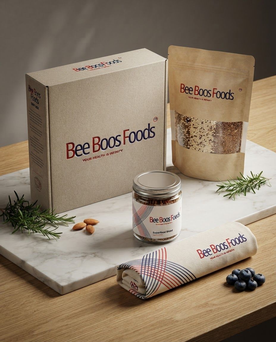 AI Design for Premium packaging mockup concept for Create a clean, professional visual identity for Bee Boos Foods that highlights health and vitality using the established red and dark blue color palette.. Brand identity applied to realistic boxes, pouches, labels, wraps, or bags as appropriate, polished tabletop scene, tactile materials, no invented readable copy.
Incorporate the attached brand element reference image (Reference A: brand element "Bee Boos Foods") into the composition where natural — preserve the depicted brand element's appearance.