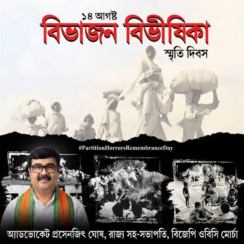 AI Design for add this small beneath left of 1st images melt with image background and mention "অ্যাডভোকেট প্রসেনজিৎ ঘোষ, রাজ্য সহ-সভাপতি, বিজেপি ওবিসি মোর্চা" beneath in the whole image everything will remain same
