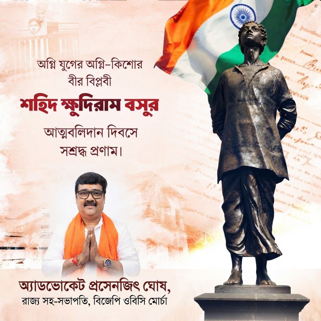 AI Design for add this 2nd small image beneath LEFT of 1st images melt with image background and mention "অ্যাডভোকেট প্রসেনজিৎ ঘোষ, রাজ্য সহ-সভাপতি, বিজেপি ওবিসি মোর্চা" beneath in the whole image everything will remain same