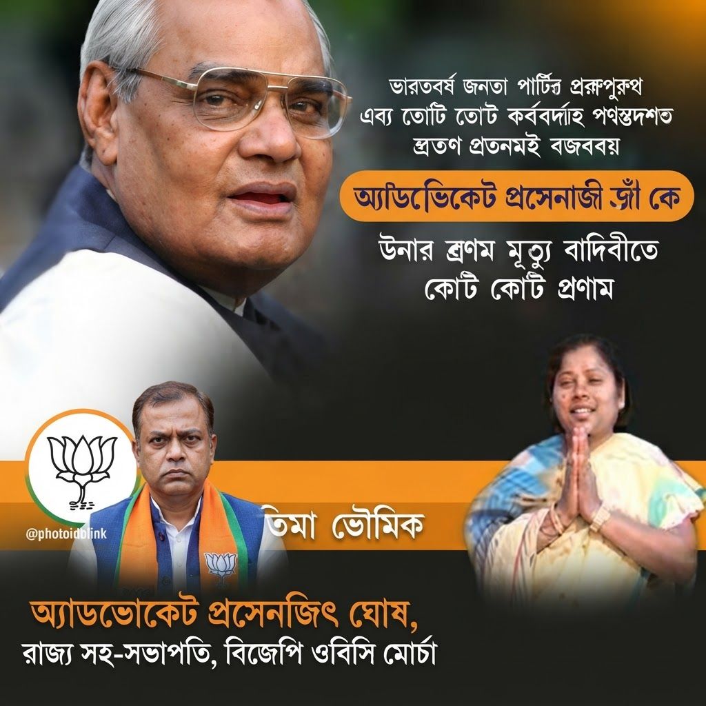 AI Design for add this small beneath left of 1st images melt with image background and mention "অ্যাডভোকেট প্রসেনজিৎ ঘোষ, রাজ্য সহ-সভাপতি, বিজেপি ওবিসি মোর্চা" beneath the added photo
