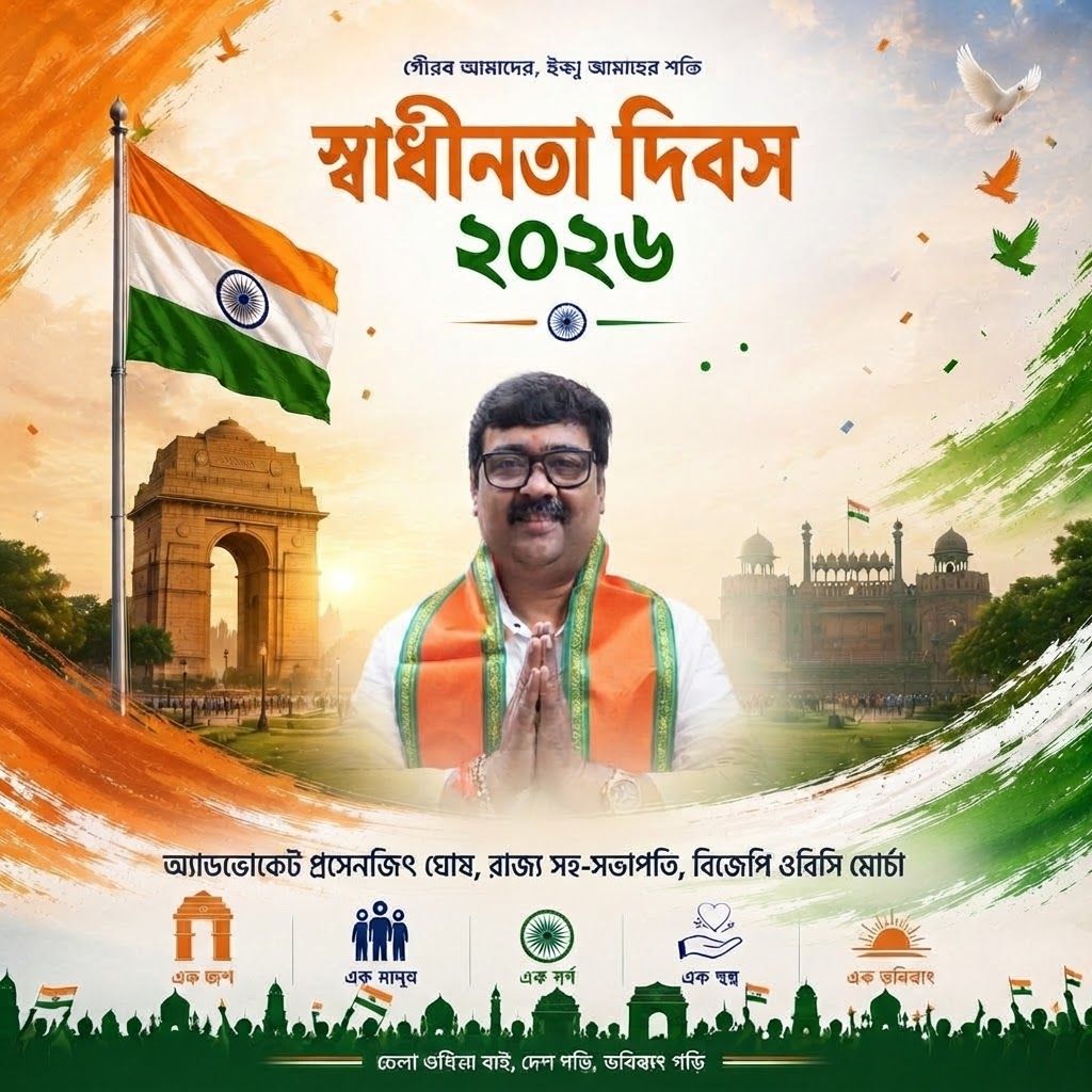 AI Design for add this 2nd small image MEDDEL BLANK SPACE of 1st images melt with image background and mention "অ্যাডভোকেট প্রসেনজিৎ ঘোষ, রাজ্য সহ-সভাপতি, বিজেপি ওবিসি মোর্চা" beneath in the whole image everything will remain same