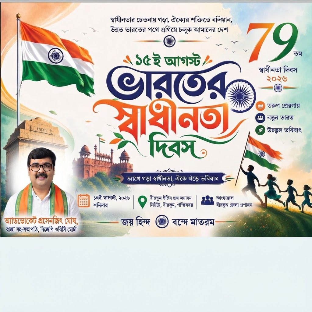 AI Design for add this 2nd small image beneath LEFT of 1st images melt with image background and mention "অ্যাডভোকেট প্রসেনজিৎ ঘোষ, রাজ্য সহ-সভাপতি, বিজেপি ওবিসি মোর্চা" beneath in the whole image everything will remain same