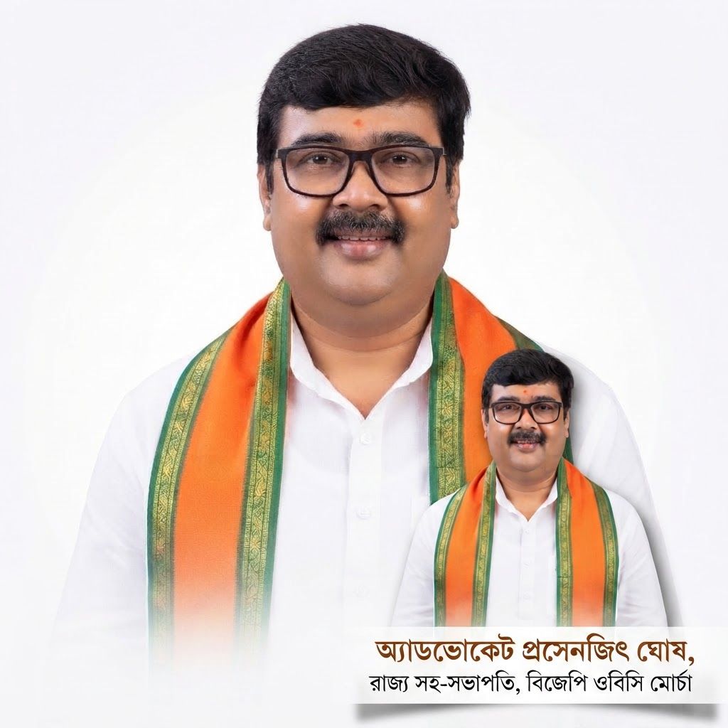 AI Design for add this small beneath right of 1st images melt with image background and mention "অ্যাডভোকেট প্রসেনজিৎ ঘোষ, রাজ্য সহ-সভাপতি, বিজেপি ওবিসি মোর্চা" beneath the added photo